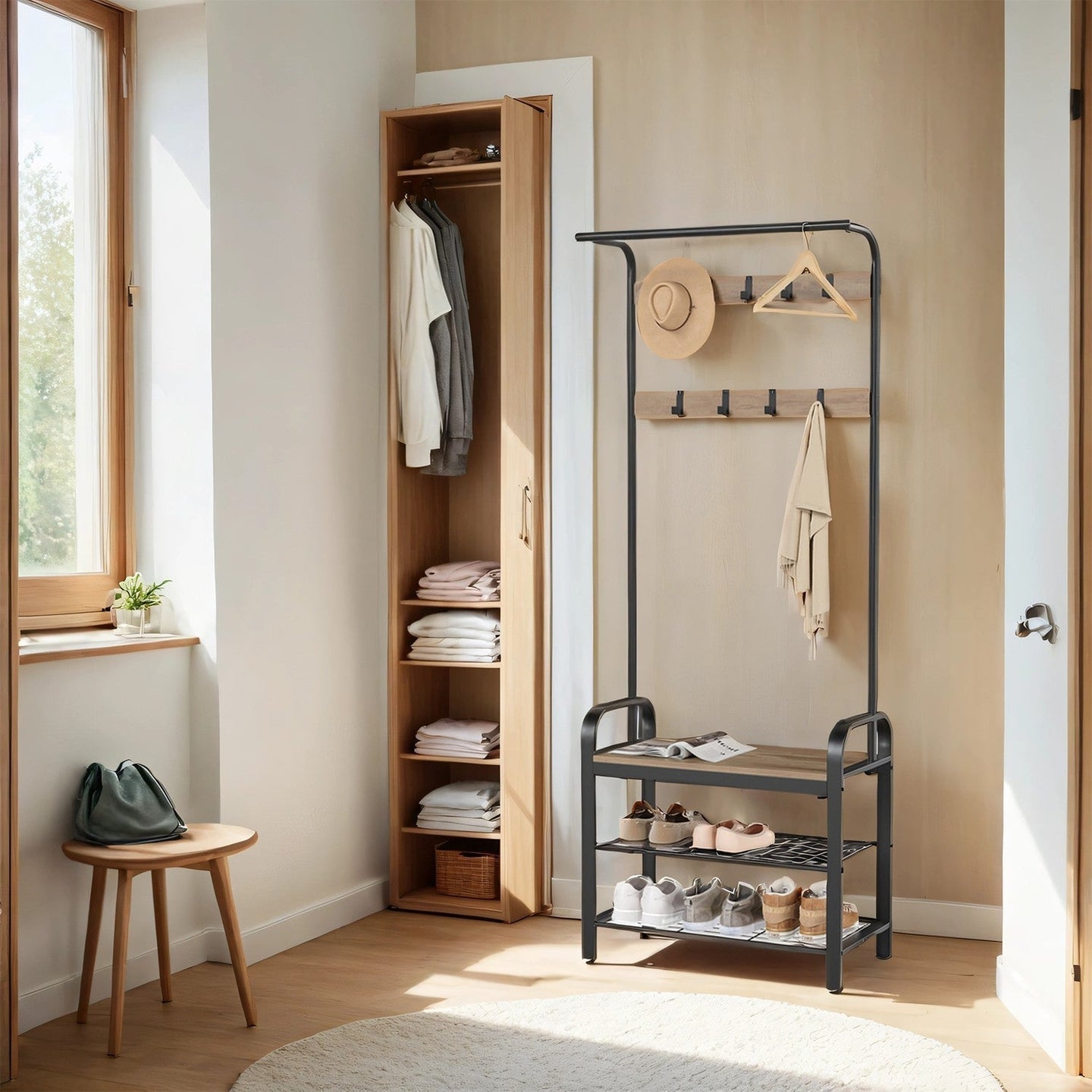 Coat Rack - Steel - Hazelnut Brown and Black - 4-in-1 Design with Shoe Storage Bench