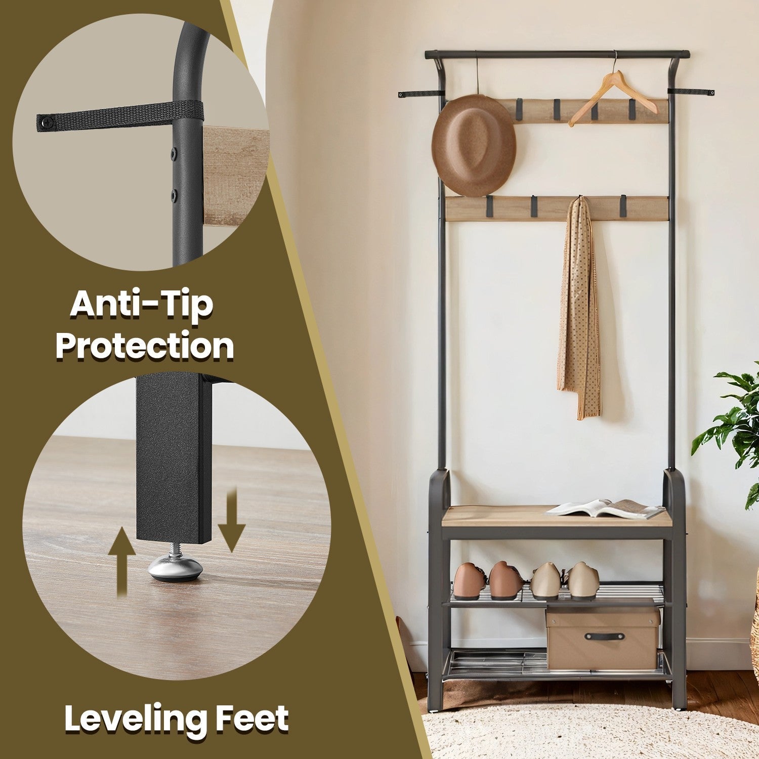 Coat Rack - Steel - Hazelnut Brown and Black - 4-in-1 Design with Shoe Storage Bench