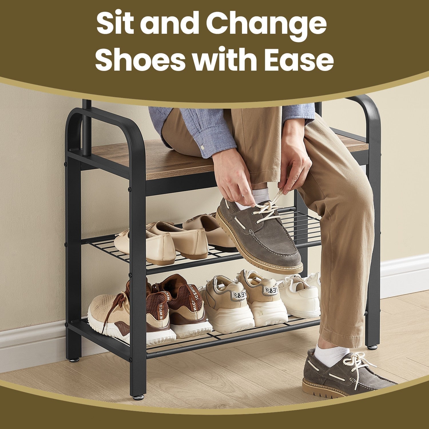 Coat Rack - Steel - Hazelnut Brown and Black - 4-in-1 Design with Shoe Storage Bench