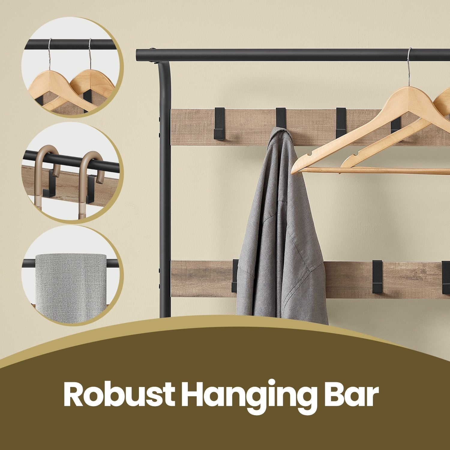 Coat Rack - Steel - Hazelnut Brown and Black - 4-in-1 Design with Shoe Storage Bench