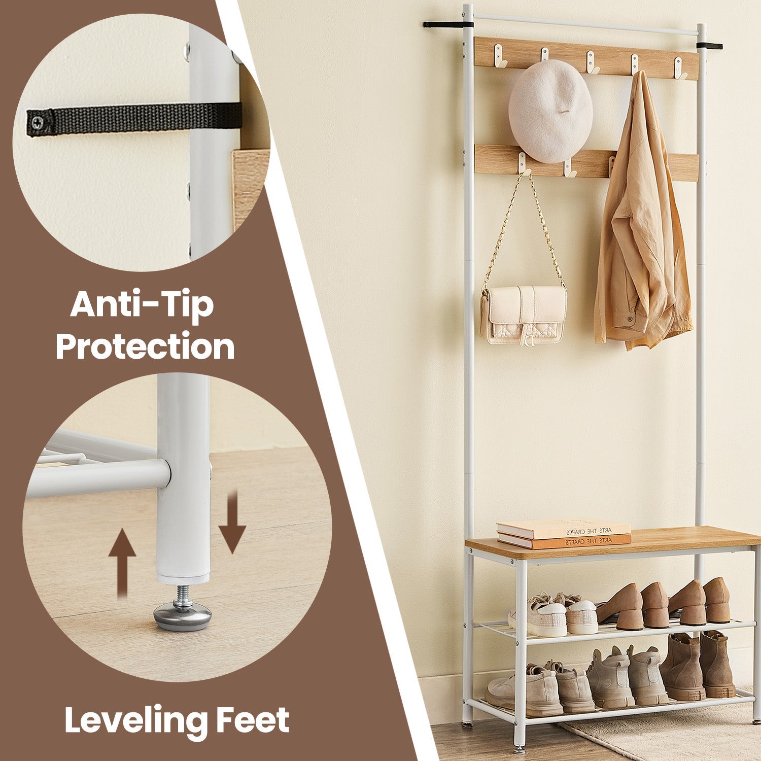 Coat Rack Stand with Shoe Storage Bench - Oak and Cream