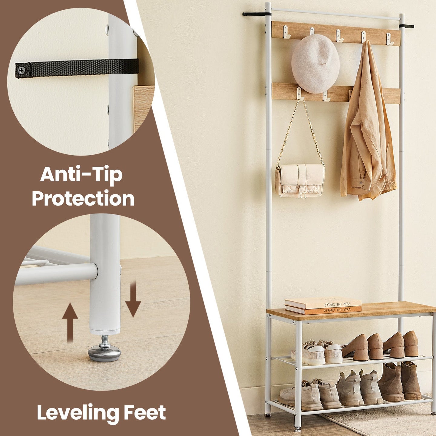 Coat Rack Stand with Shoe Storage Bench - Oak and Cream