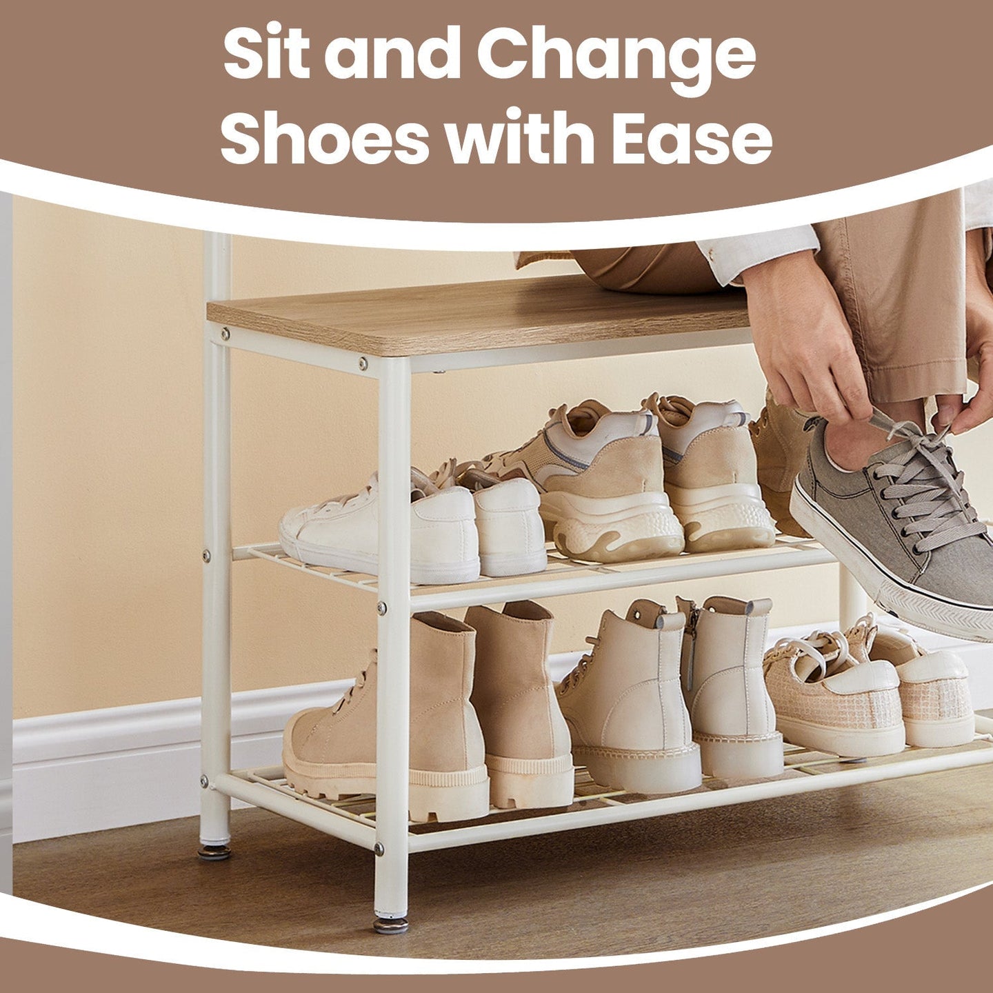 Coat Rack Stand with Shoe Storage Bench - Oak and Cream