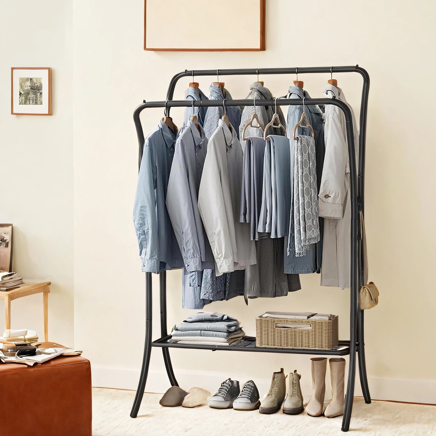 Clothing Rack - Metal - Portable with Storage Shelves and Hooks