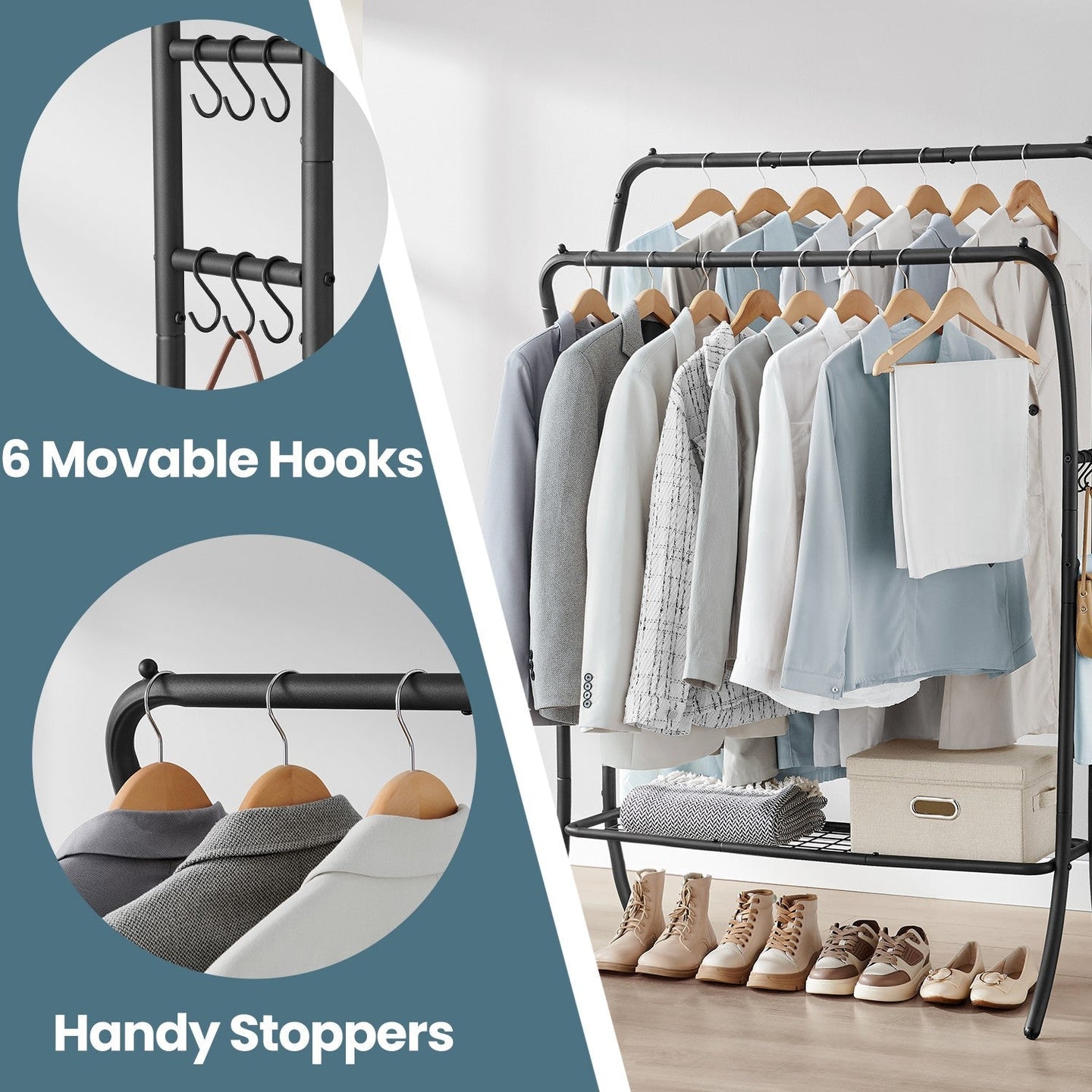 Clothing Rack - Metal - Portable with Storage Shelves and Hooks