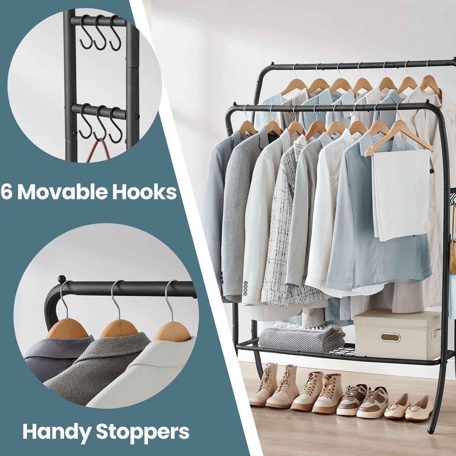 Clothing Rack - Metal - Portable with Storage Shelves and Hooks