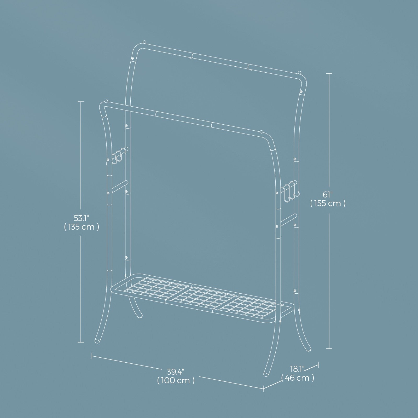 Clothing Rack - Metal - Portable with Storage Shelves and Hooks