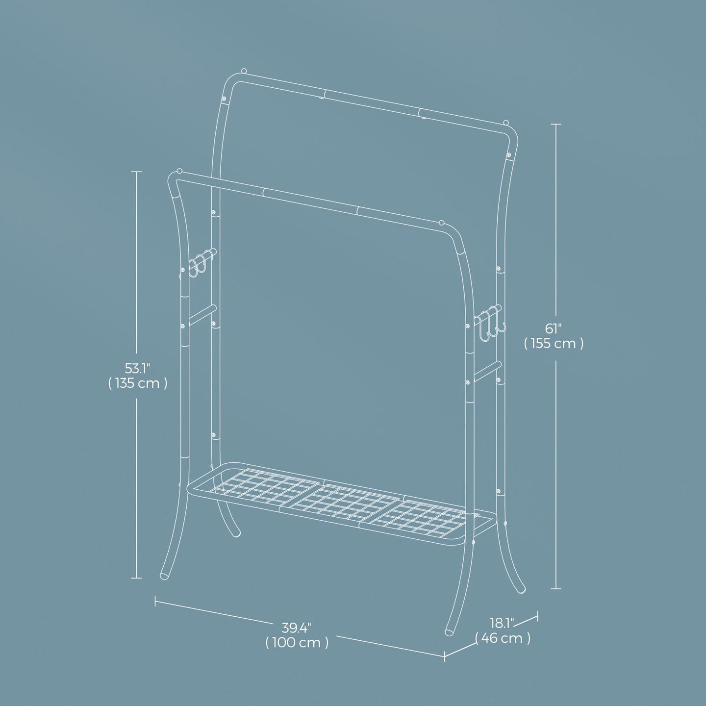 Clothing Rack - Metal - Portable with Storage Shelves and Hooks