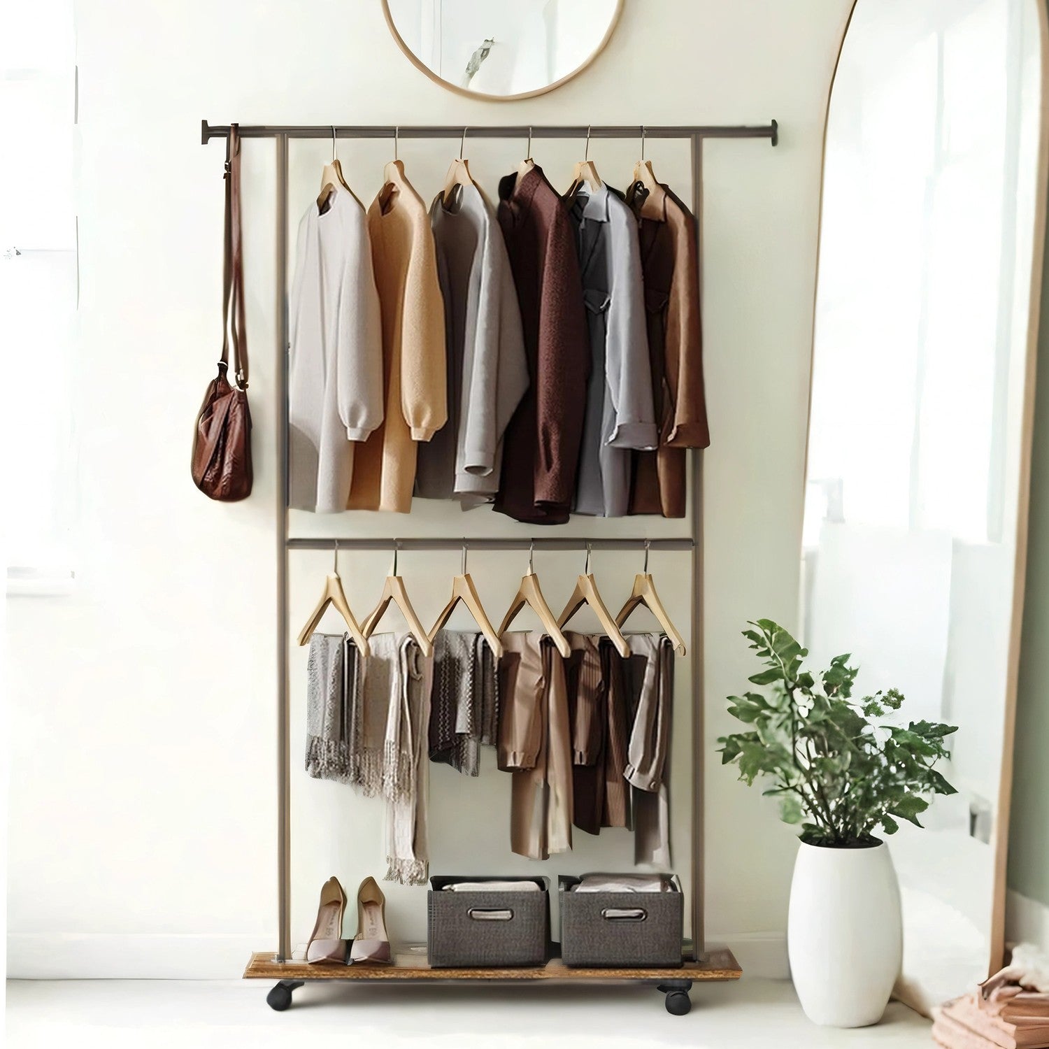Mobile Garment Rack - Metal - Grey - Height-Adjustable with Double Hanging Rods and Storage Shelf