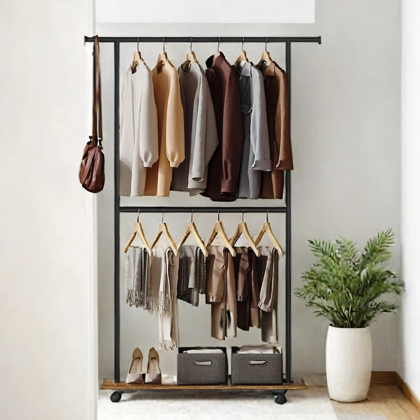 Mobile Garment Rack - Metal - Grey - Height-Adjustable with Double Hanging Rods and Storage Shelf
