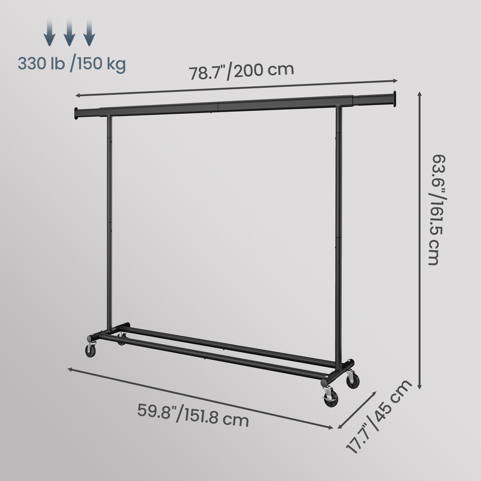 Garment Rail with Wheels - 150 kg Load Capacity - Steel - Adjustable