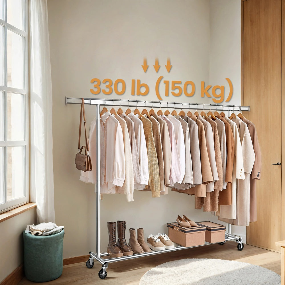 Garment Rail - Steel and PP Wheels - Silver