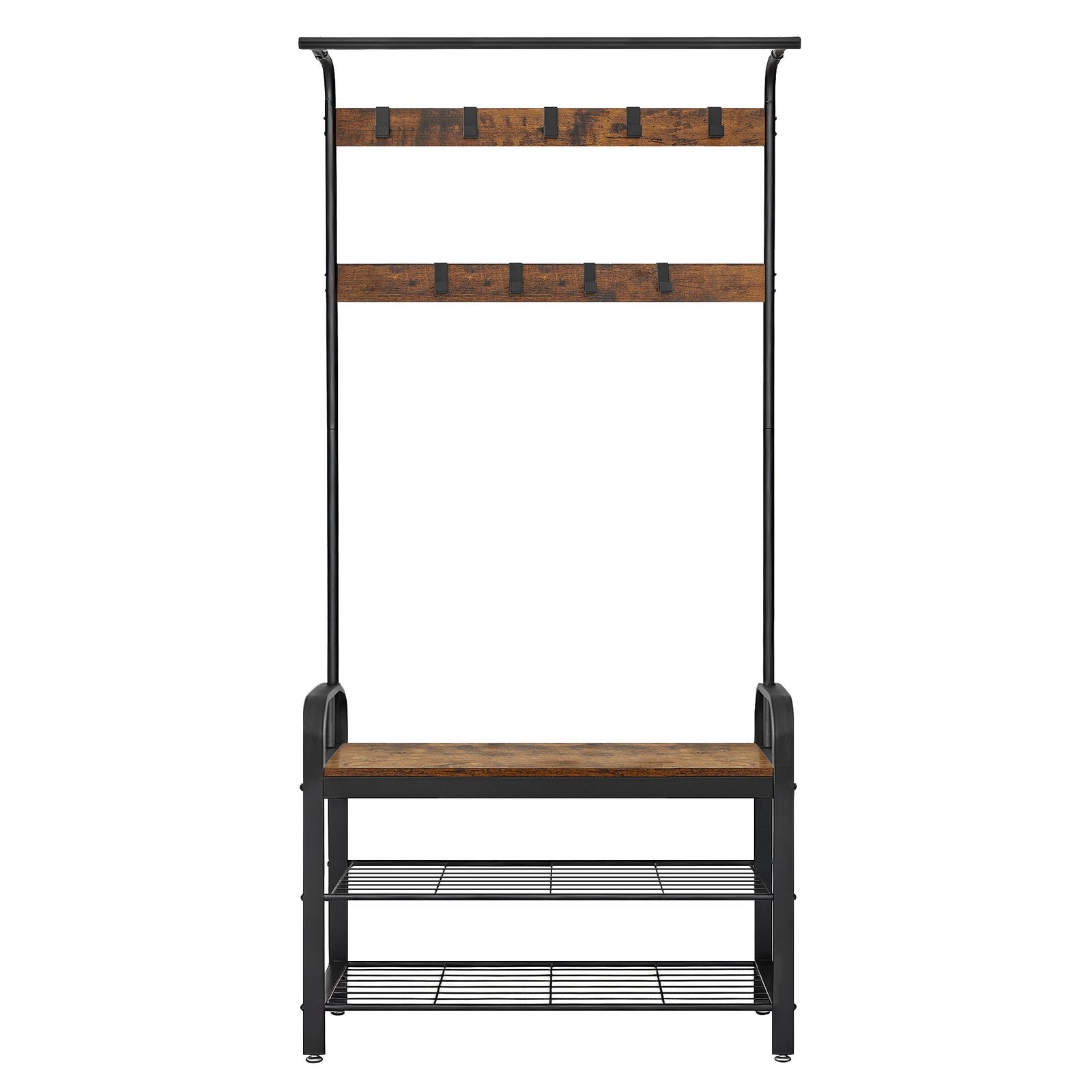 Coat Rack, Hall Tree - Steel and Plastic - Brown - with Shoe Bench