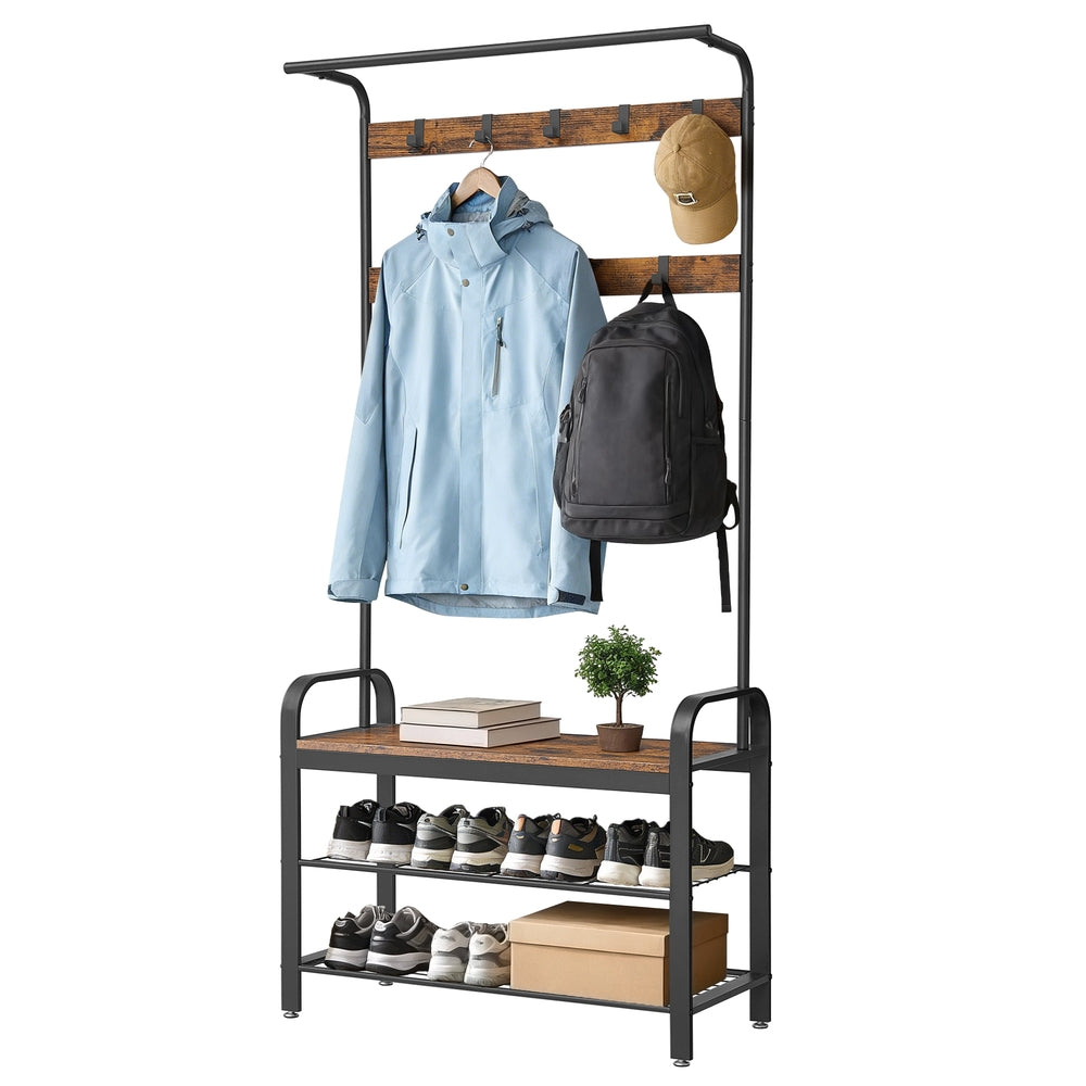 Coat Rack, Hall Tree - Steel and Plastic - Brown - with Shoe Bench