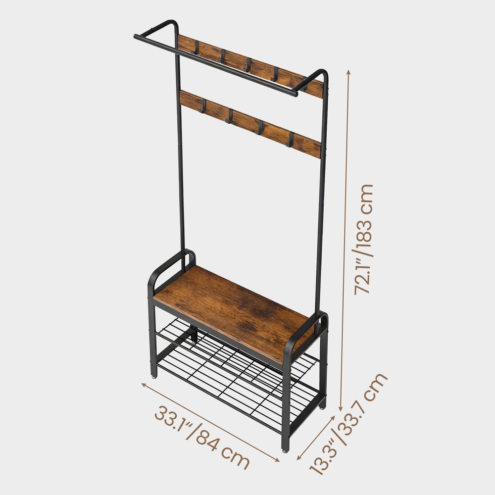 Coat Rack, Hall Tree - Steel and Plastic - Brown - with Shoe Bench
