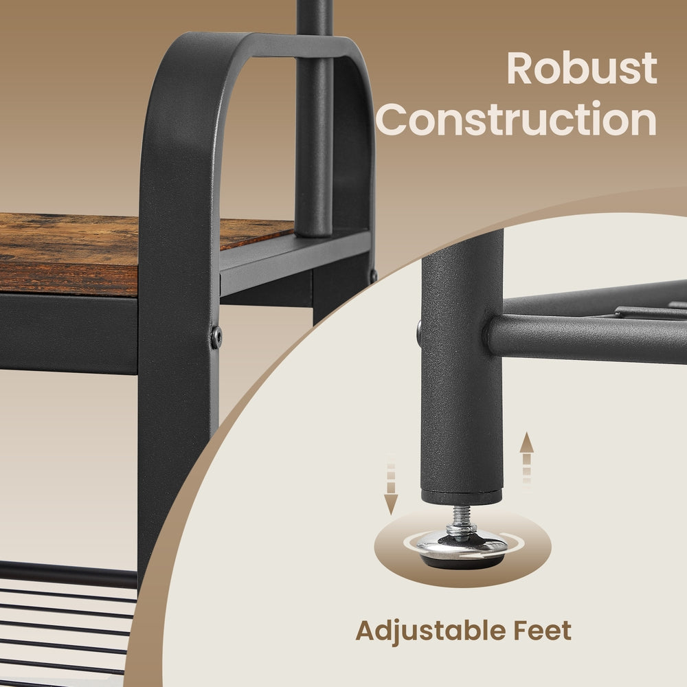 Coat Rack, Hall Tree - Steel and Plastic - Brown - with Shoe Bench
