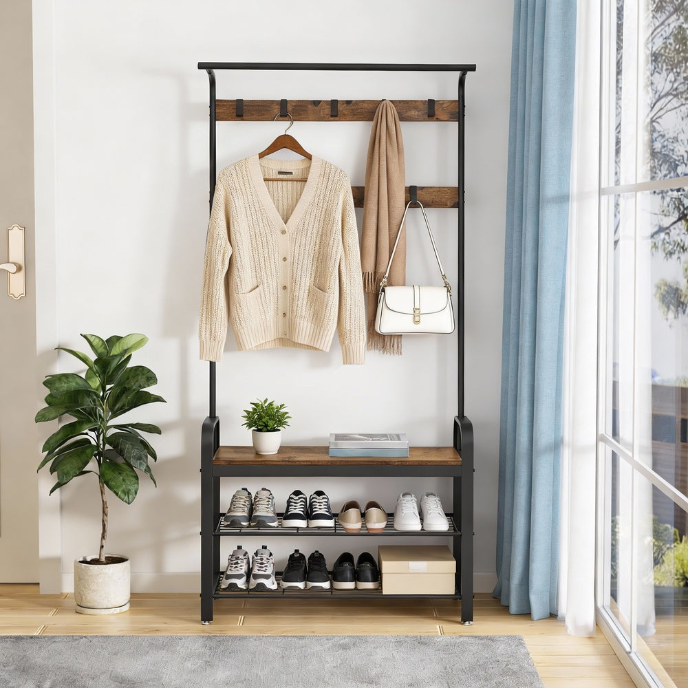 Coat Rack, Hall Tree - Steel and Plastic - Brown - with Shoe Bench