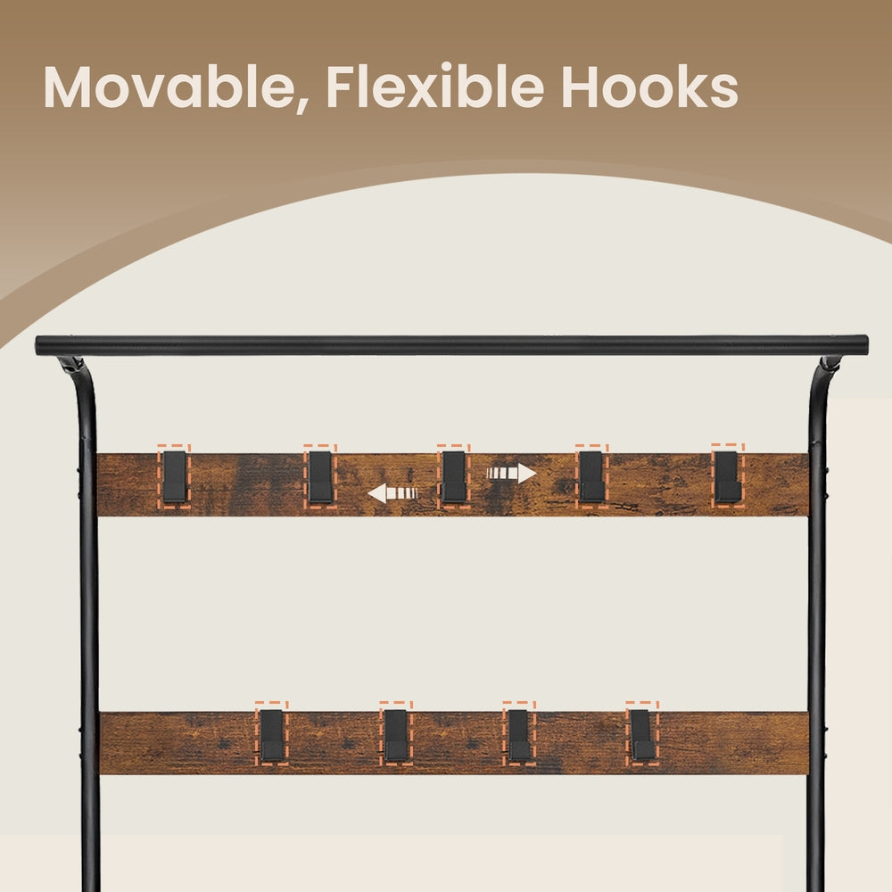 Coat Rack, Hall Tree - Steel and Plastic - Brown - with Shoe Bench