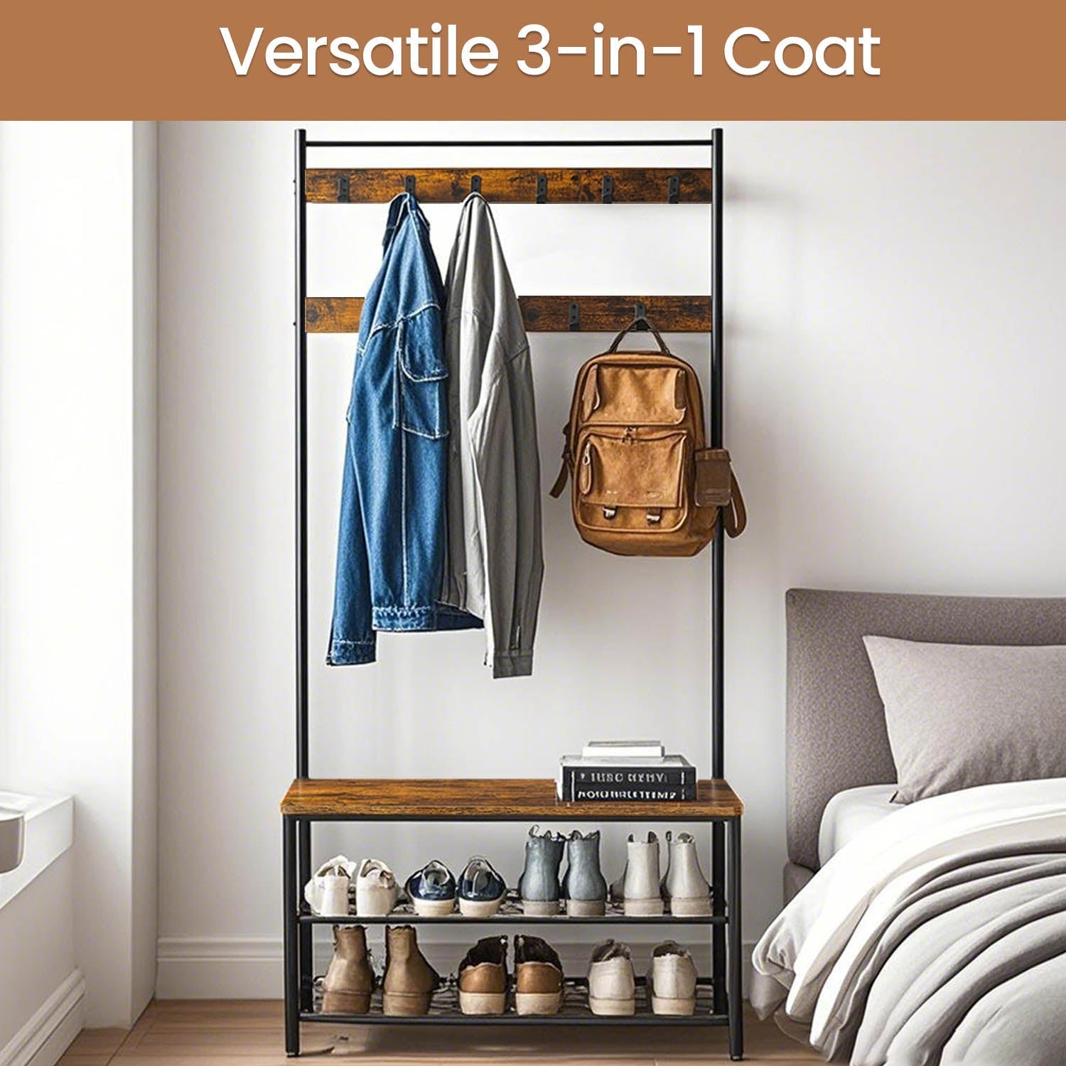 Coat Rack - Wood - Rustic Brown and Black - Hall Tree with Shoe Storage Bench