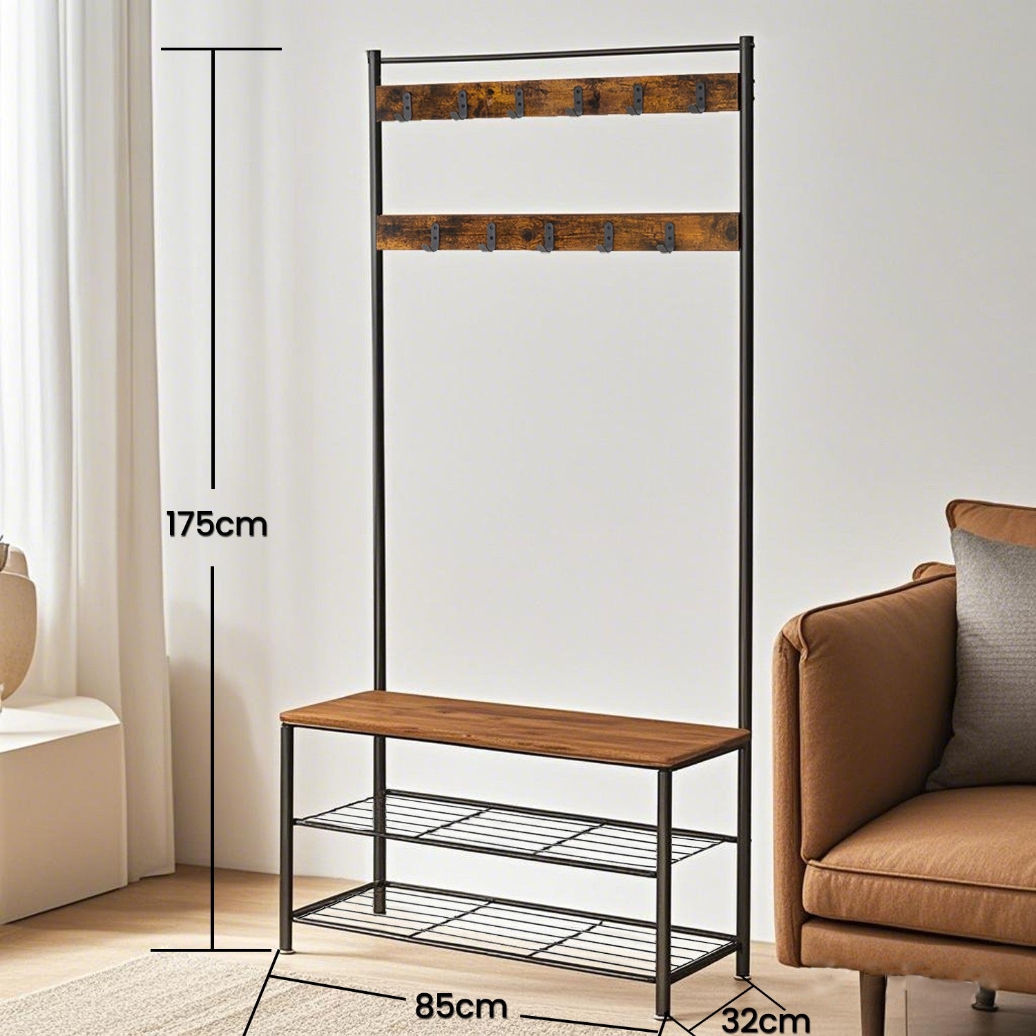 Coat Rack - Wood - Rustic Brown and Black - Hall Tree with Shoe Storage Bench