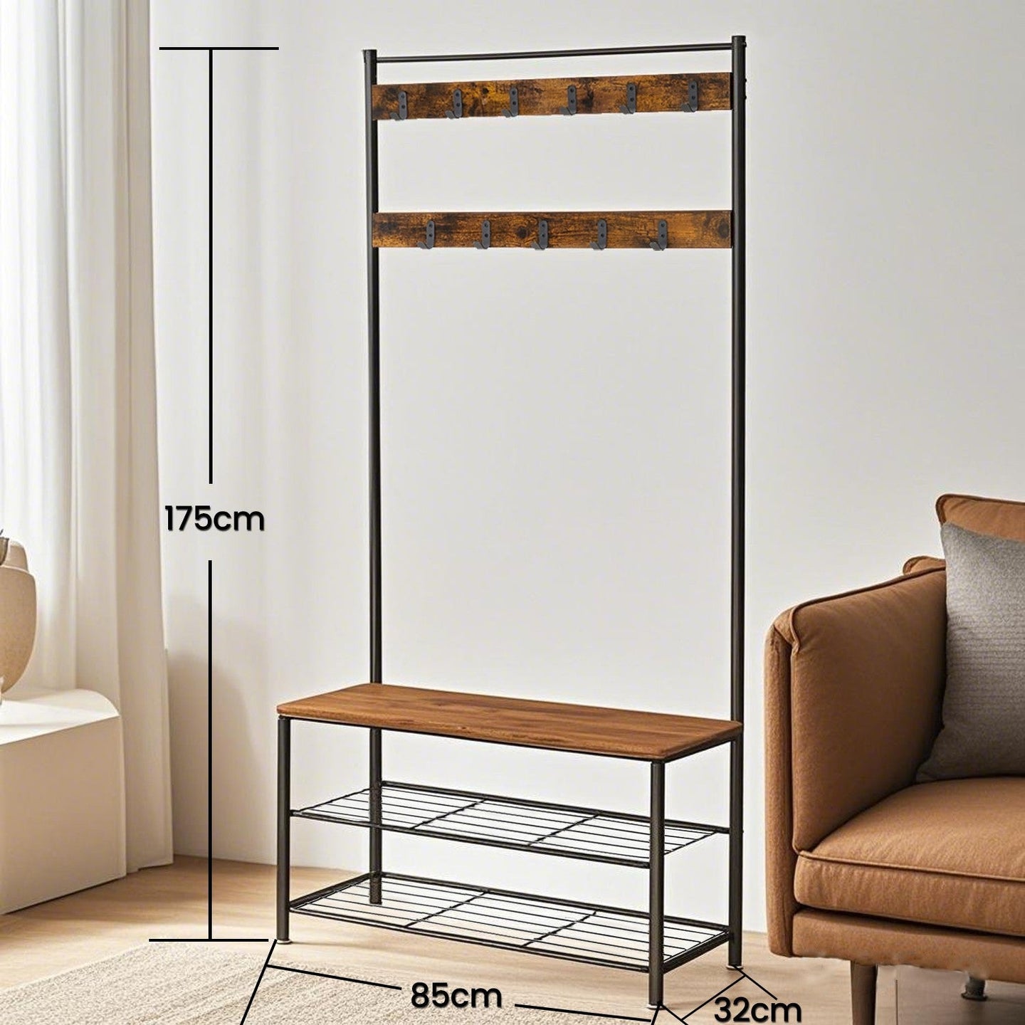 Coat Rack - Wood - Rustic Brown and Black - Hall Tree with Shoe Storage Bench