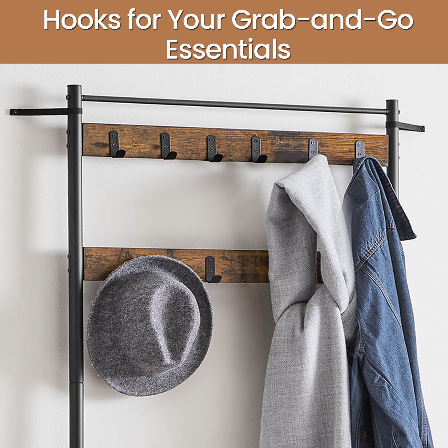Coat Rack - Wood - Rustic Brown and Black - Hall Tree with Shoe Storage Bench
