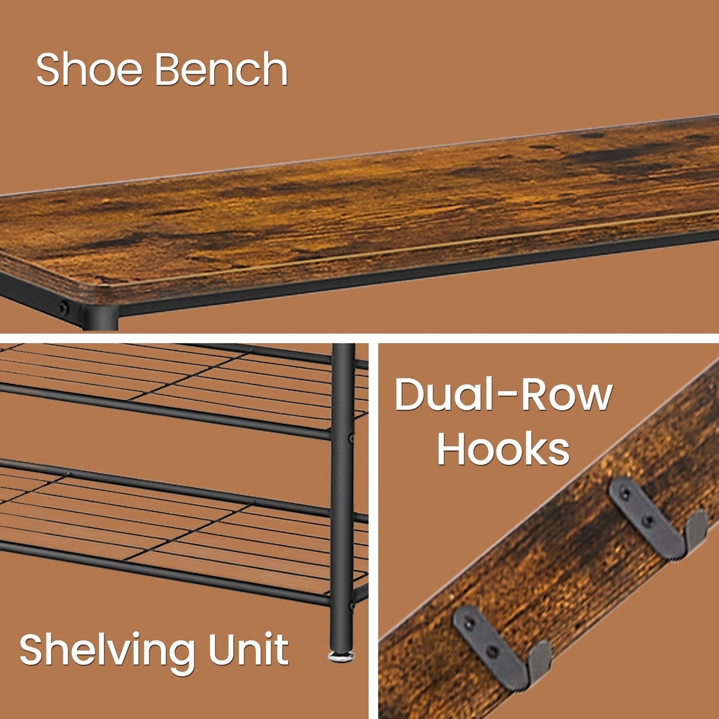 Coat Rack - Wood - Rustic Brown and Black - Hall Tree with Shoe Storage Bench