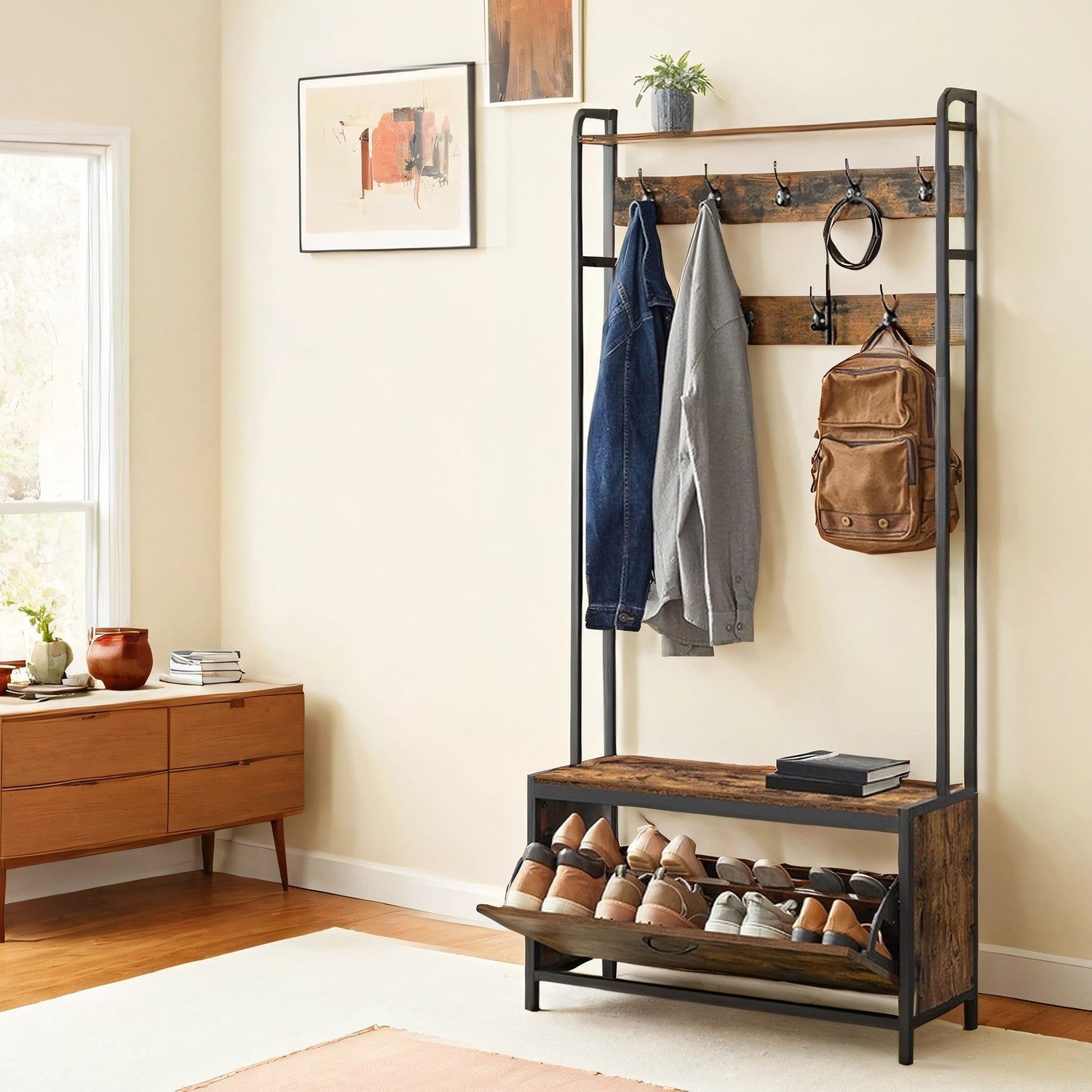 Coat Rack with Shoe Storage - 9 Hooks and Top Shelf - Wood - Rustic Brown and Black