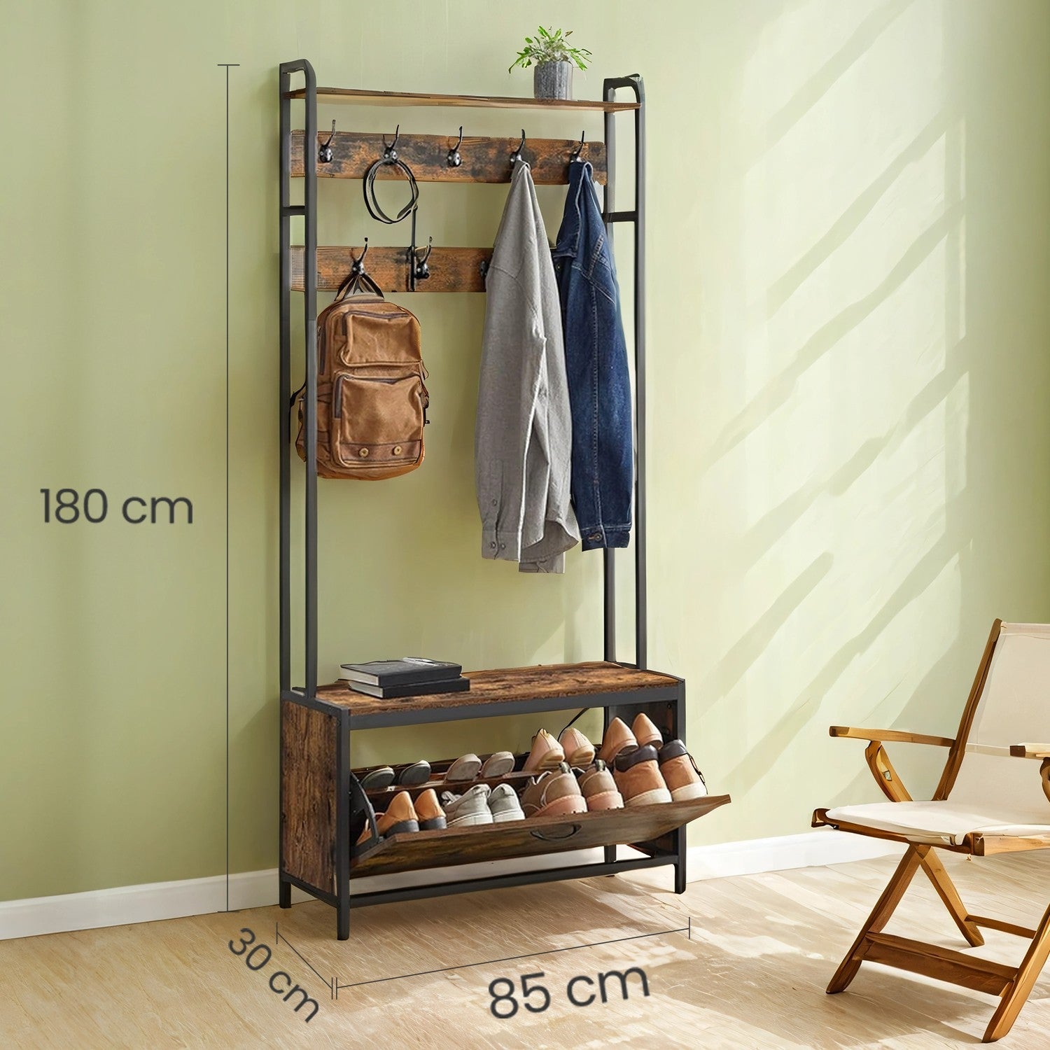 Coat Rack with Shoe Storage - 9 Hooks and Top Shelf - Wood - Rustic Brown and Black