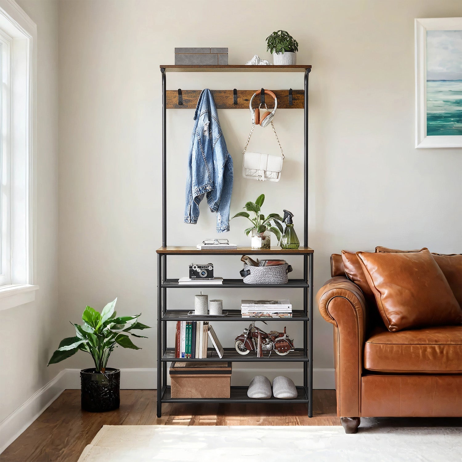 Hall Tree Coat Rack with Shoe Storage - 5-Tier - Particleboard - Double Hooks
