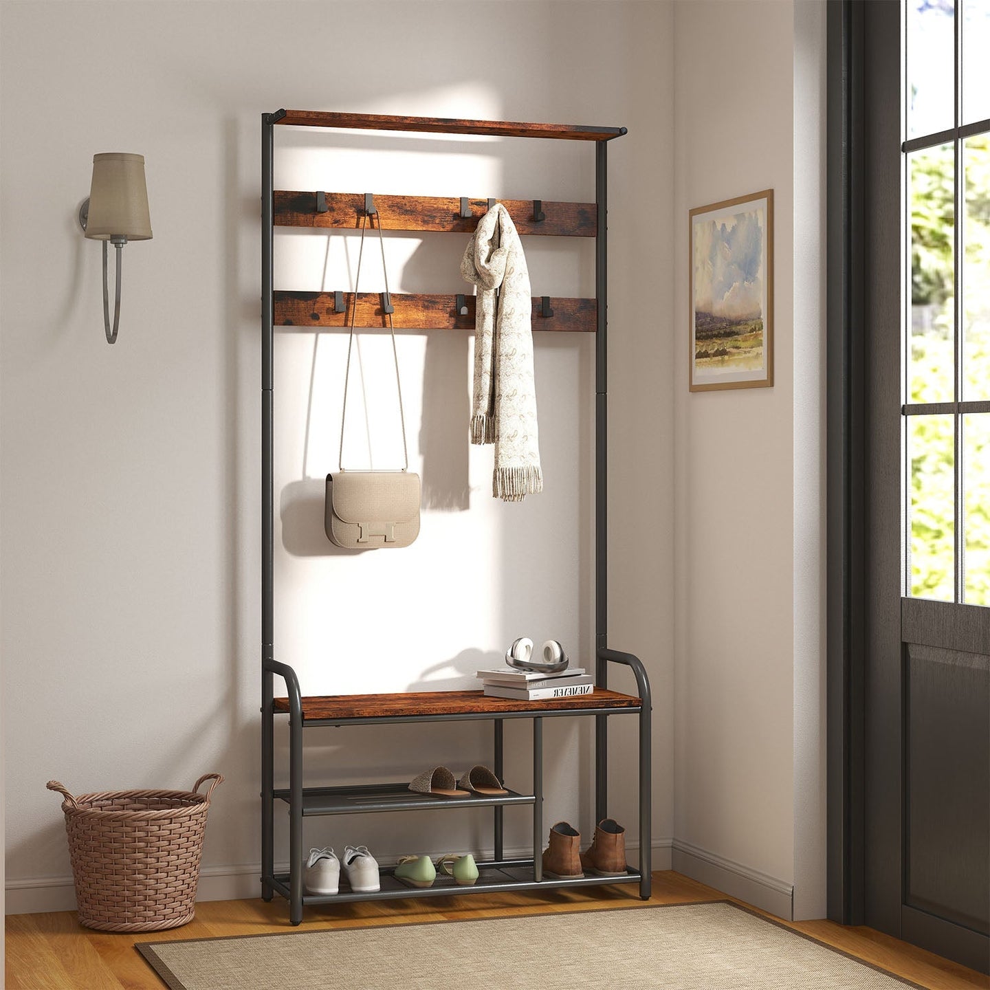 Coat Rack Stand - Wood - Rustic Brown and Black - Hall Tree with Bench and Shoe Storage