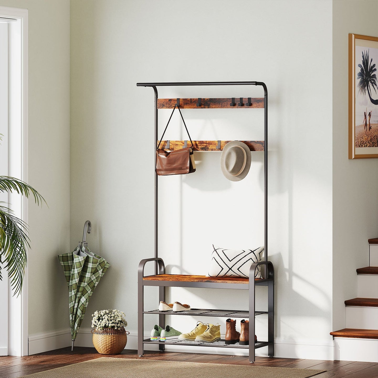 Coat Rack Stand - Wood - Rustic Brown and Black - Hall Tree with Bench and Shoe Storage