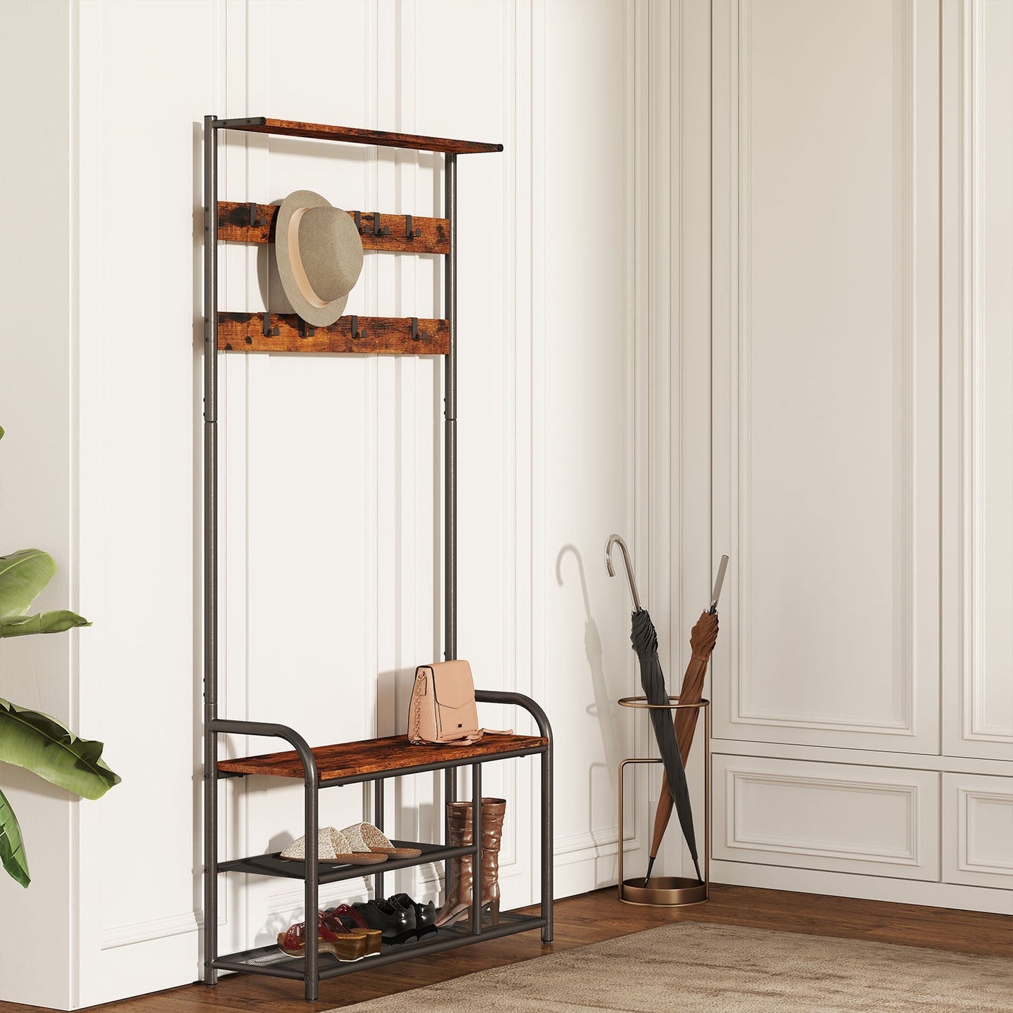 Coat Rack Stand - Wood - Rustic Brown and Black - Hall Tree with Bench and Shoe Storage