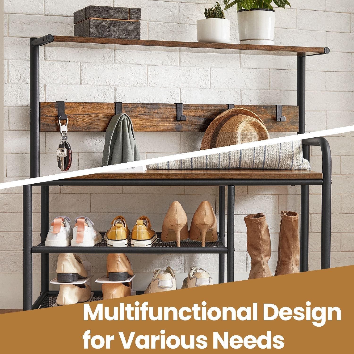 Coat Rack Stand - Wood - Rustic Brown and Black - Hall Tree with Bench and Shoe Storage