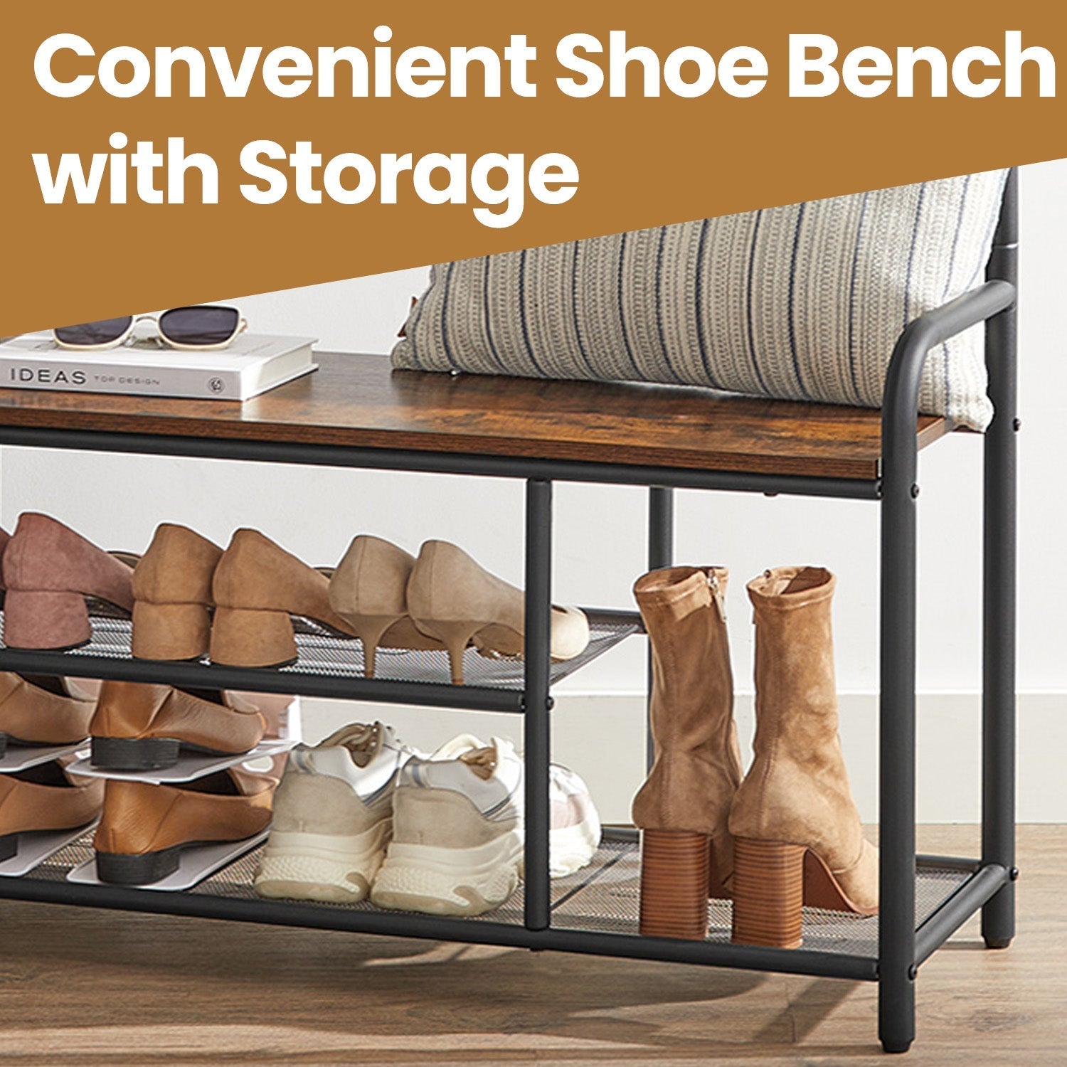 Coat Rack Stand - Wood - Rustic Brown and Black - Hall Tree with Bench and Shoe Storage