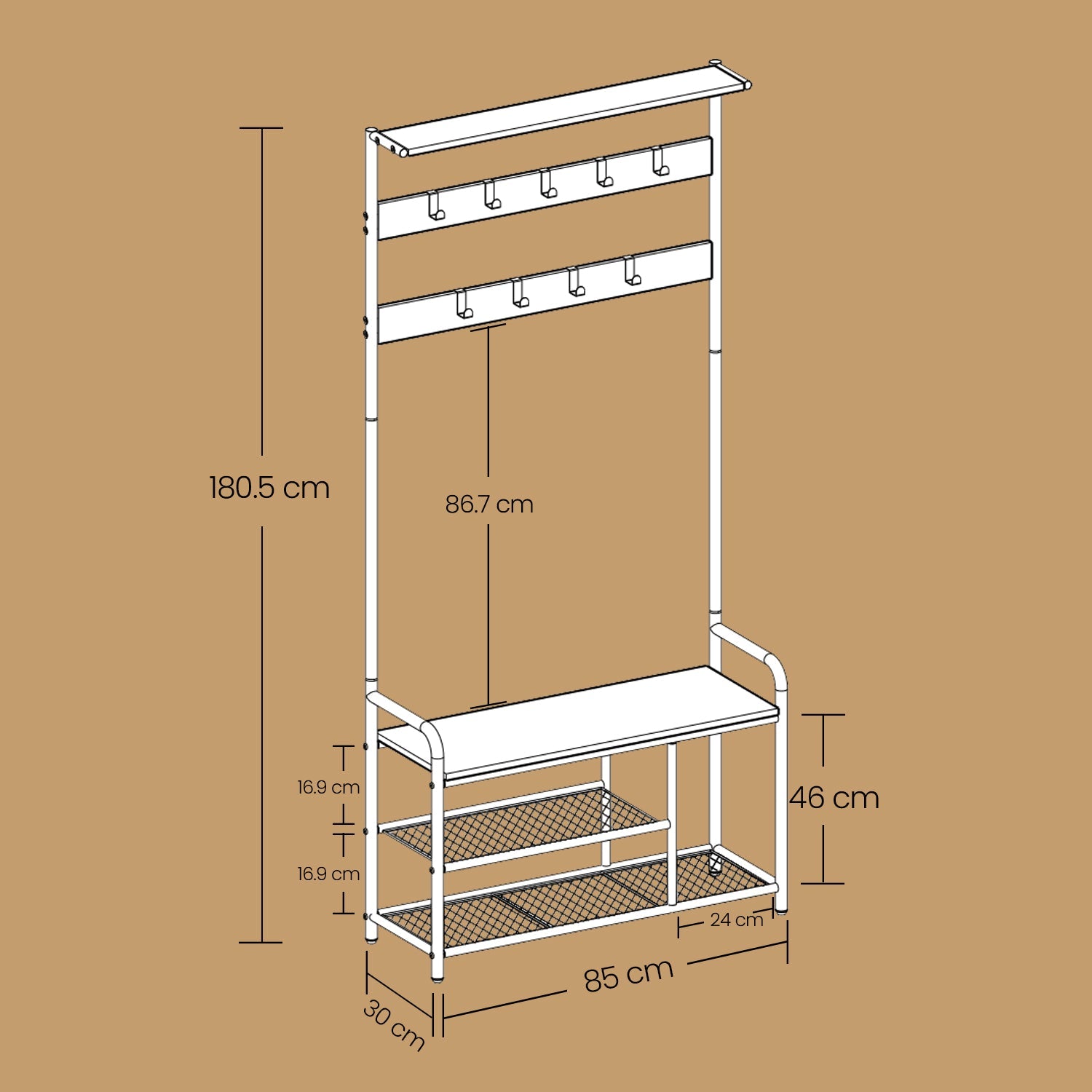 Coat Rack Stand - Wood - Rustic Brown and Black - Hall Tree with Bench and Shoe Storage