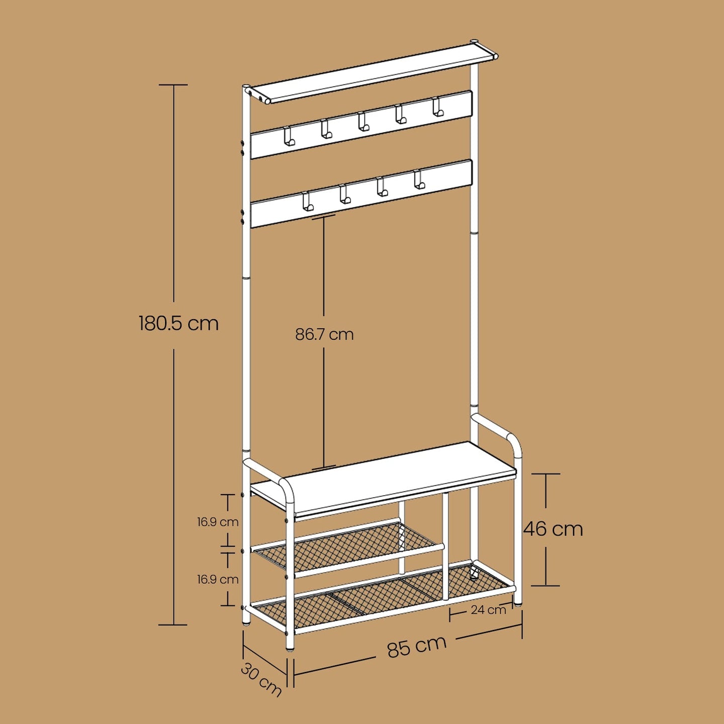 Coat Rack Stand - Wood - Rustic Brown and Black - Hall Tree with Bench and Shoe Storage