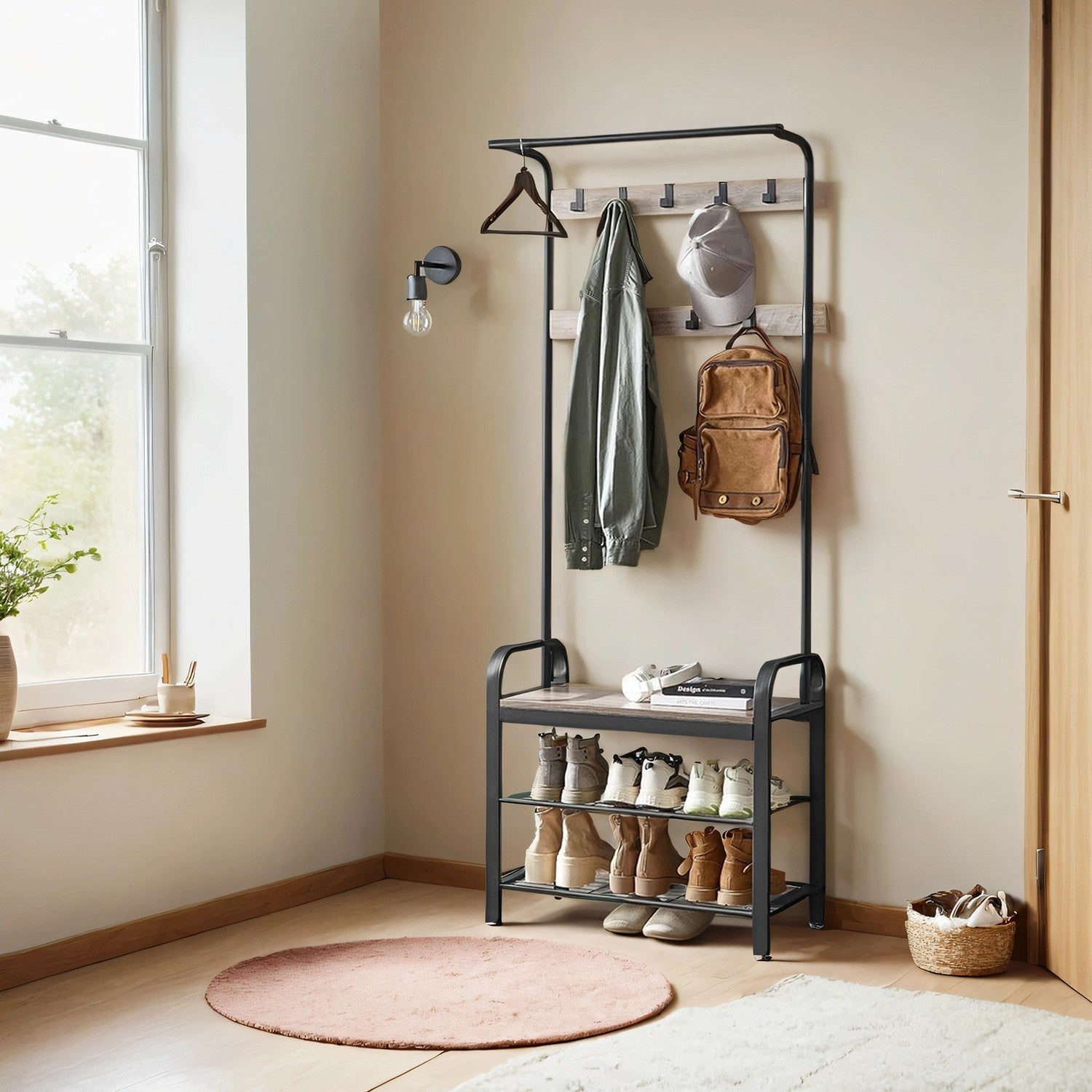 Coat Rack Stand - Metal - Greige and Black - 4-in-1 with Shoe Bench and 9 Removable Hooks