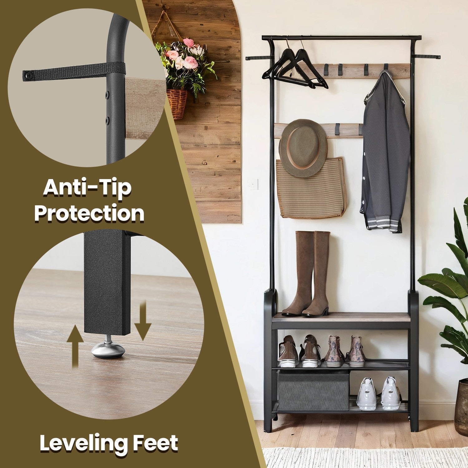 Coat Rack Stand - Metal - Greige and Black - 4-in-1 with Shoe Bench and 9 Removable Hooks
