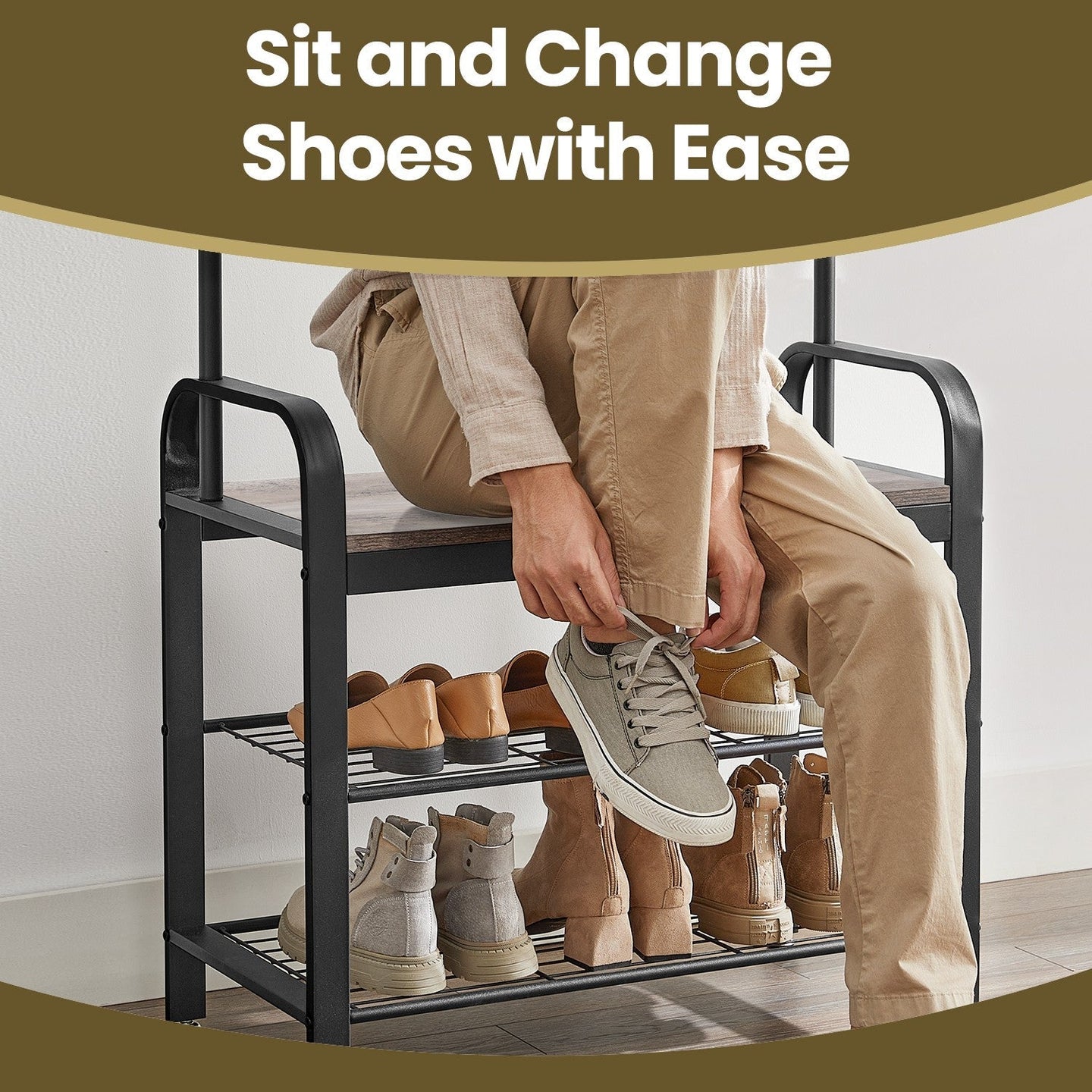 Coat Rack Stand - Metal - Greige and Black - 4-in-1 with Shoe Bench and 9 Removable Hooks