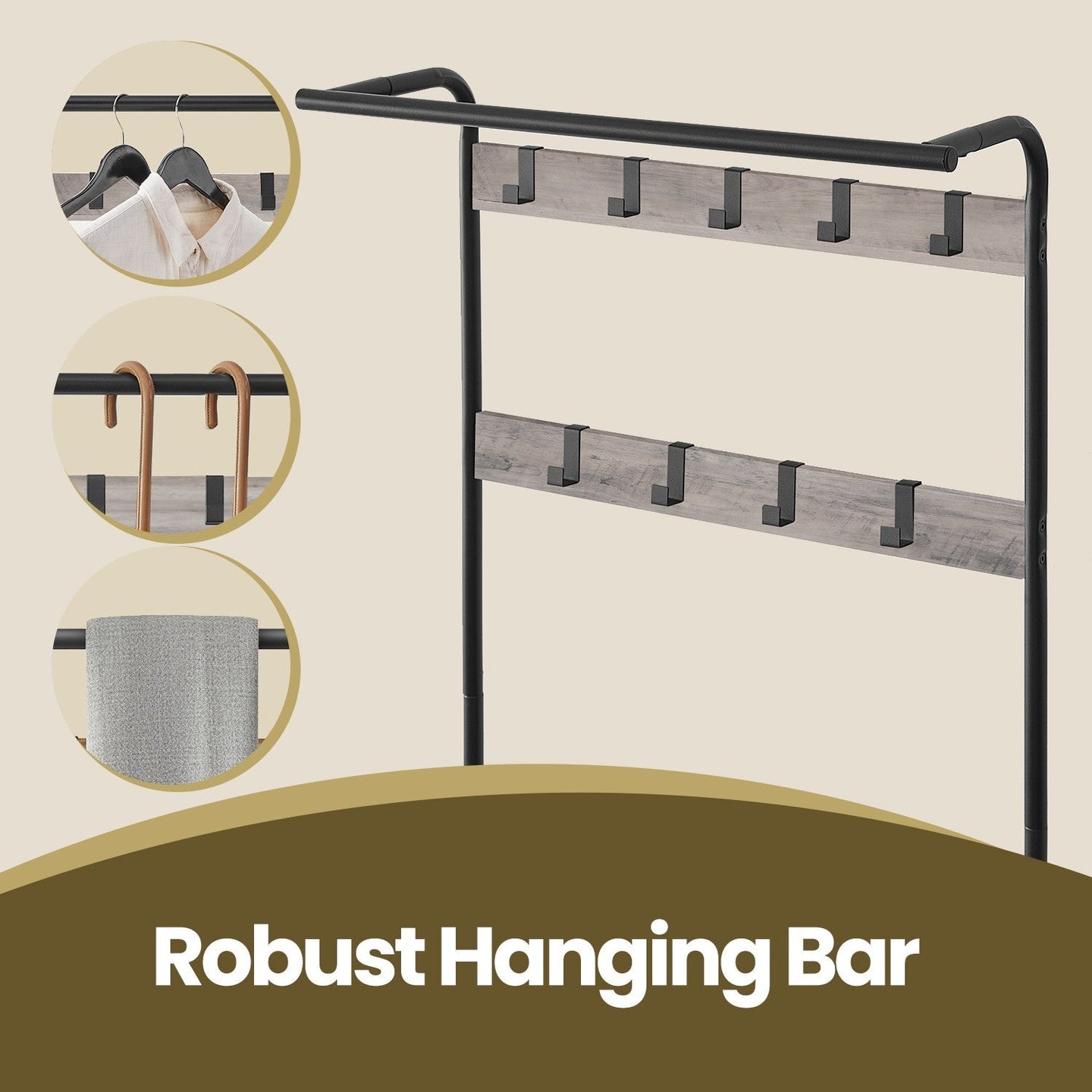 Coat Rack Stand - Metal - Greige and Black - 4-in-1 with Shoe Bench and 9 Removable Hooks