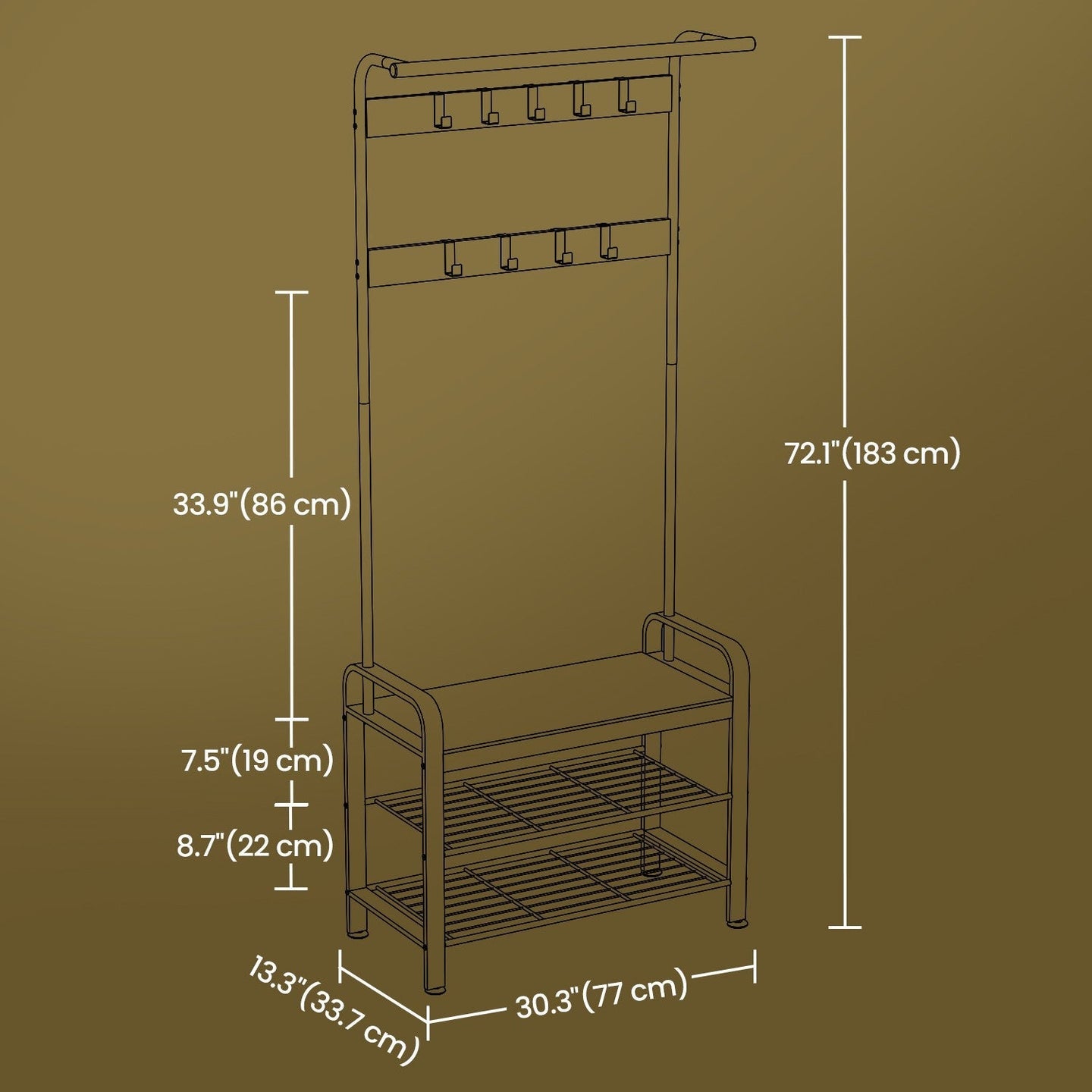 Coat Rack Stand - Metal - Greige and Black - 4-in-1 with Shoe Bench and 9 Removable Hooks