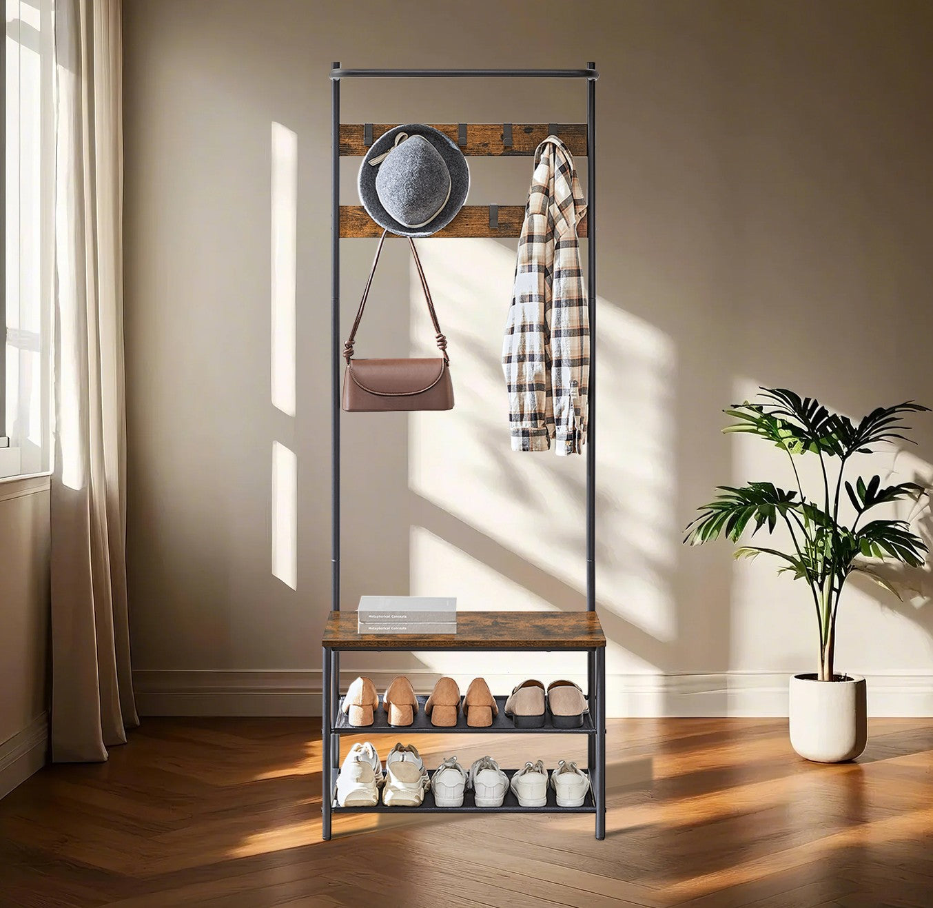Hall Tree - Metal - Greige and Black - Entryway Bench with Coat Rack and Shoe Storage