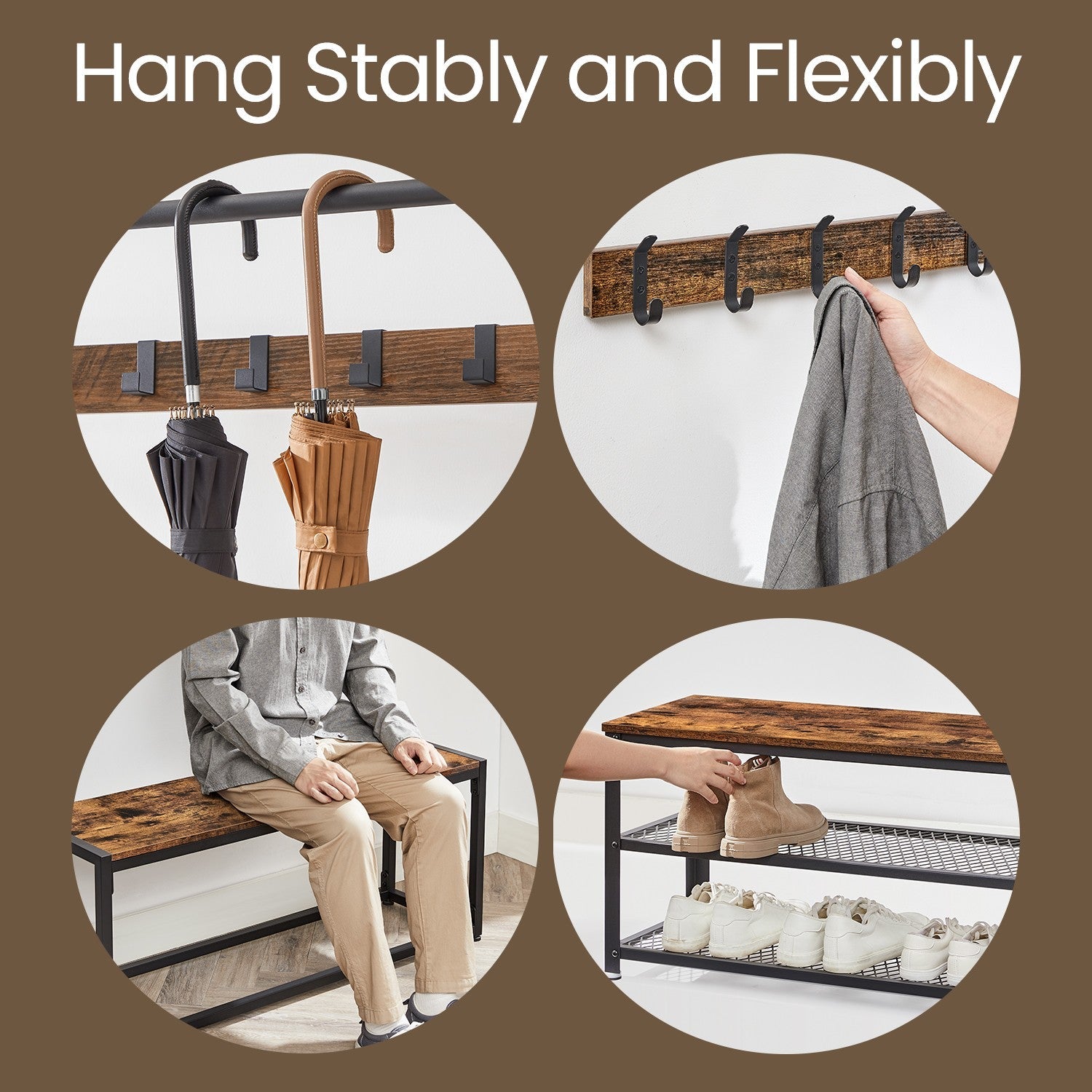 Hall Tree - Metal - Greige and Black - Entryway Bench with Coat Rack and Shoe Storage