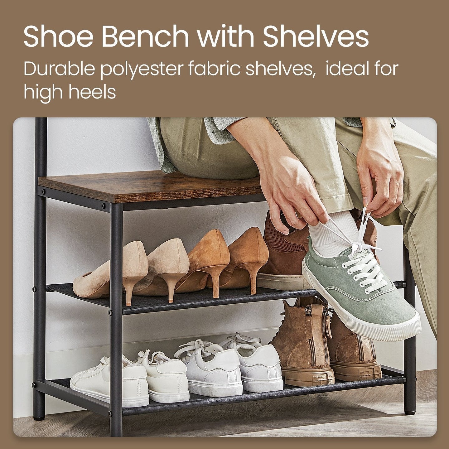 Hall Tree - Metal - Greige and Black - Entryway Bench with Coat Rack and Shoe Storage