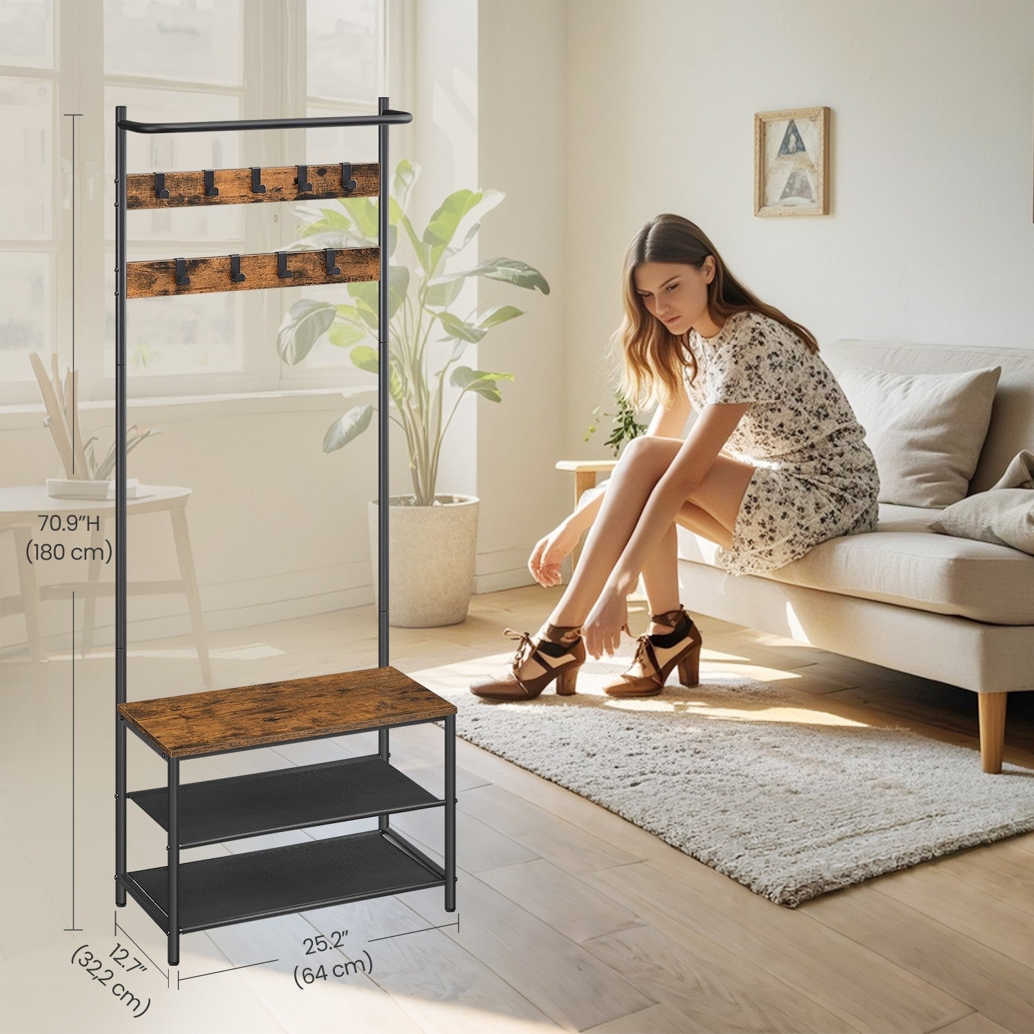 Hall Tree - Metal - Greige and Black - Entryway Bench with Coat Rack and Shoe Storage
