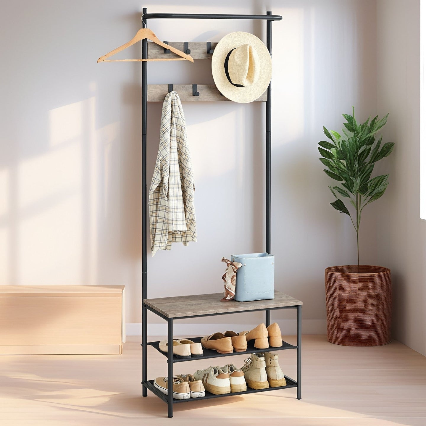 Hall Tree - Metal - Greige and Black - Entryway Bench with Coat Rack and Shoe Storage