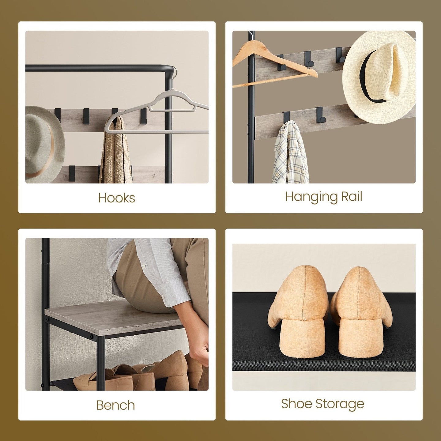 Hall Tree - Metal - Greige and Black - Entryway Bench with Coat Rack and Shoe Storage