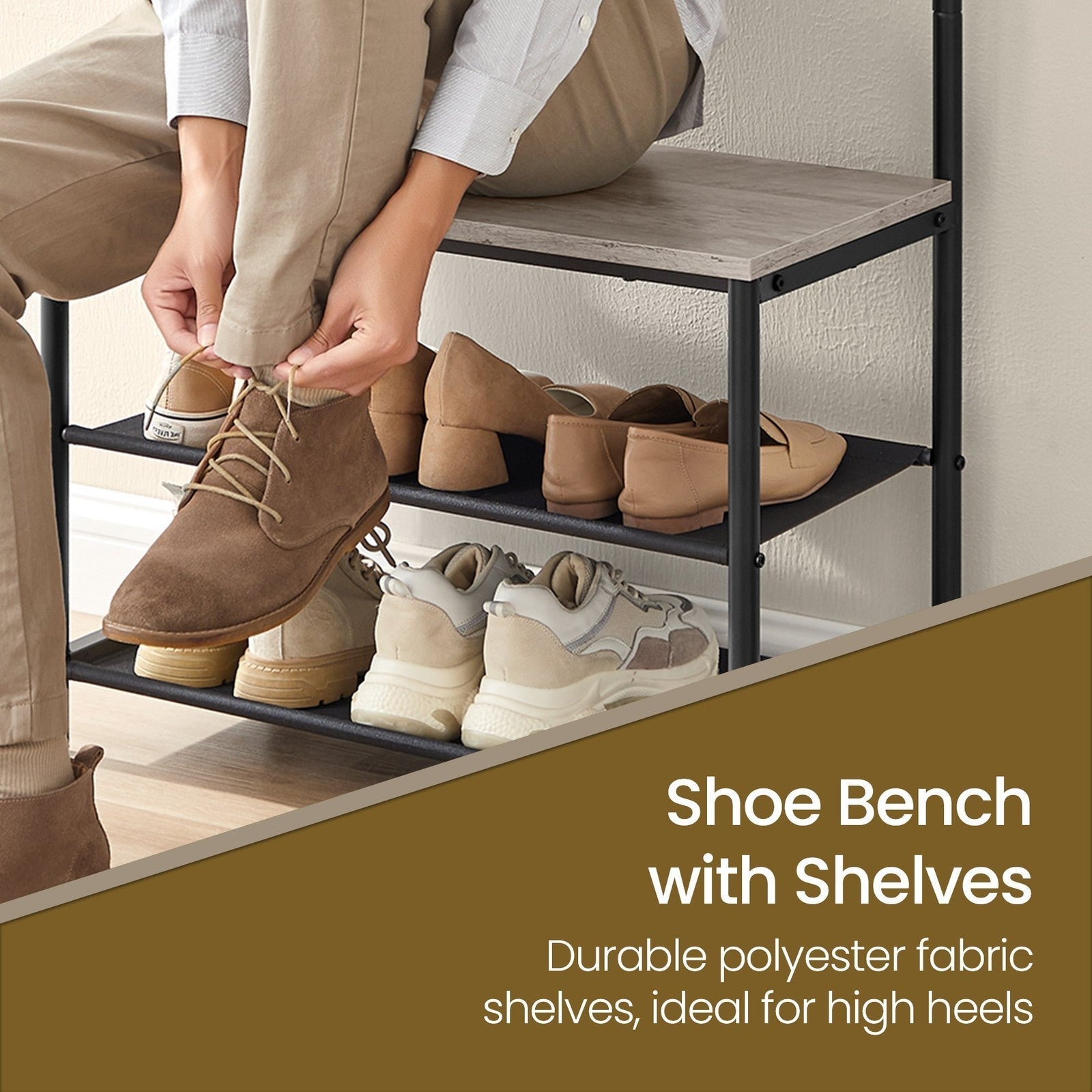 Hall Tree - Metal - Greige and Black - Entryway Bench with Coat Rack and Shoe Storage