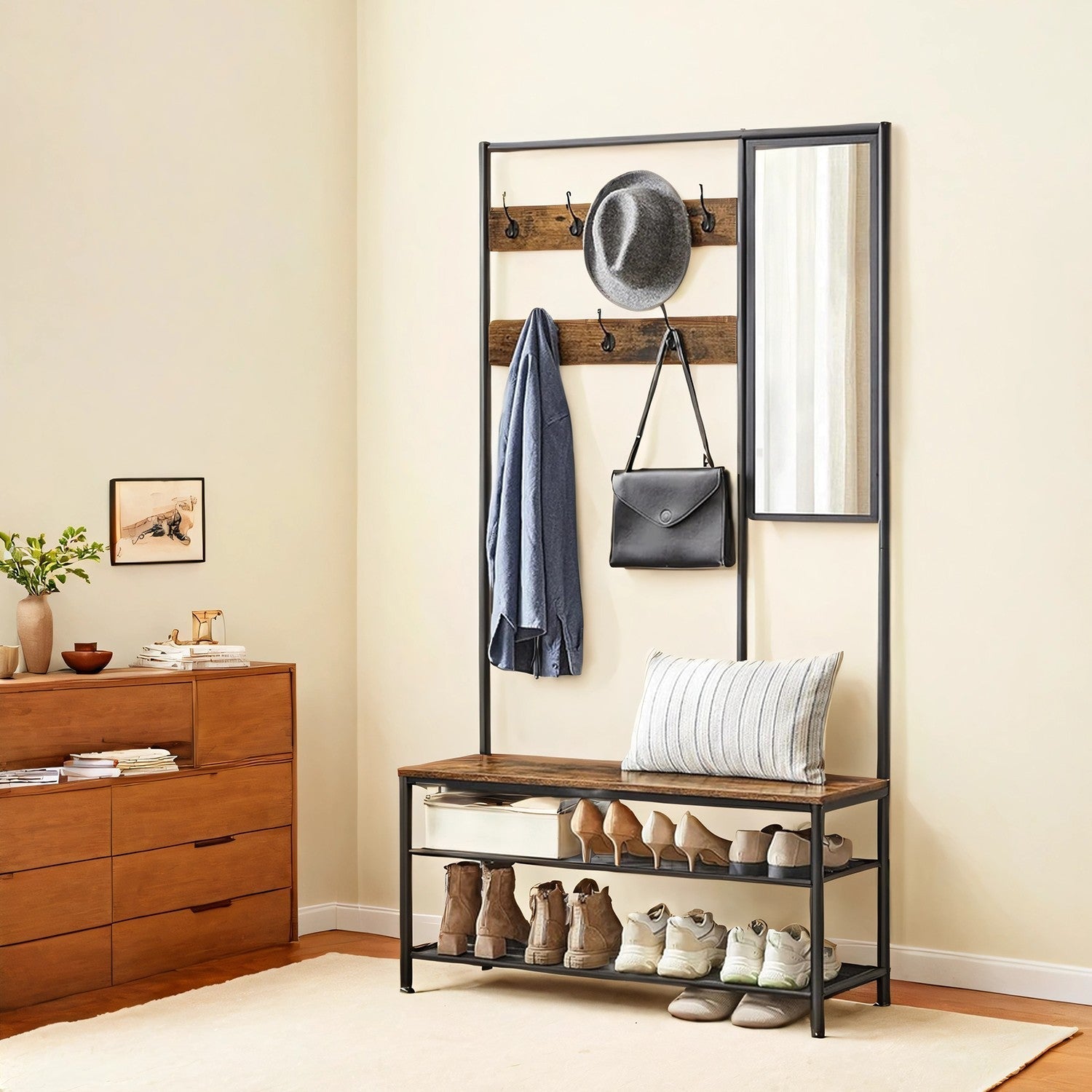 Coat Rack - MDF - Camel Brown - With Mirror and Shoe Storage